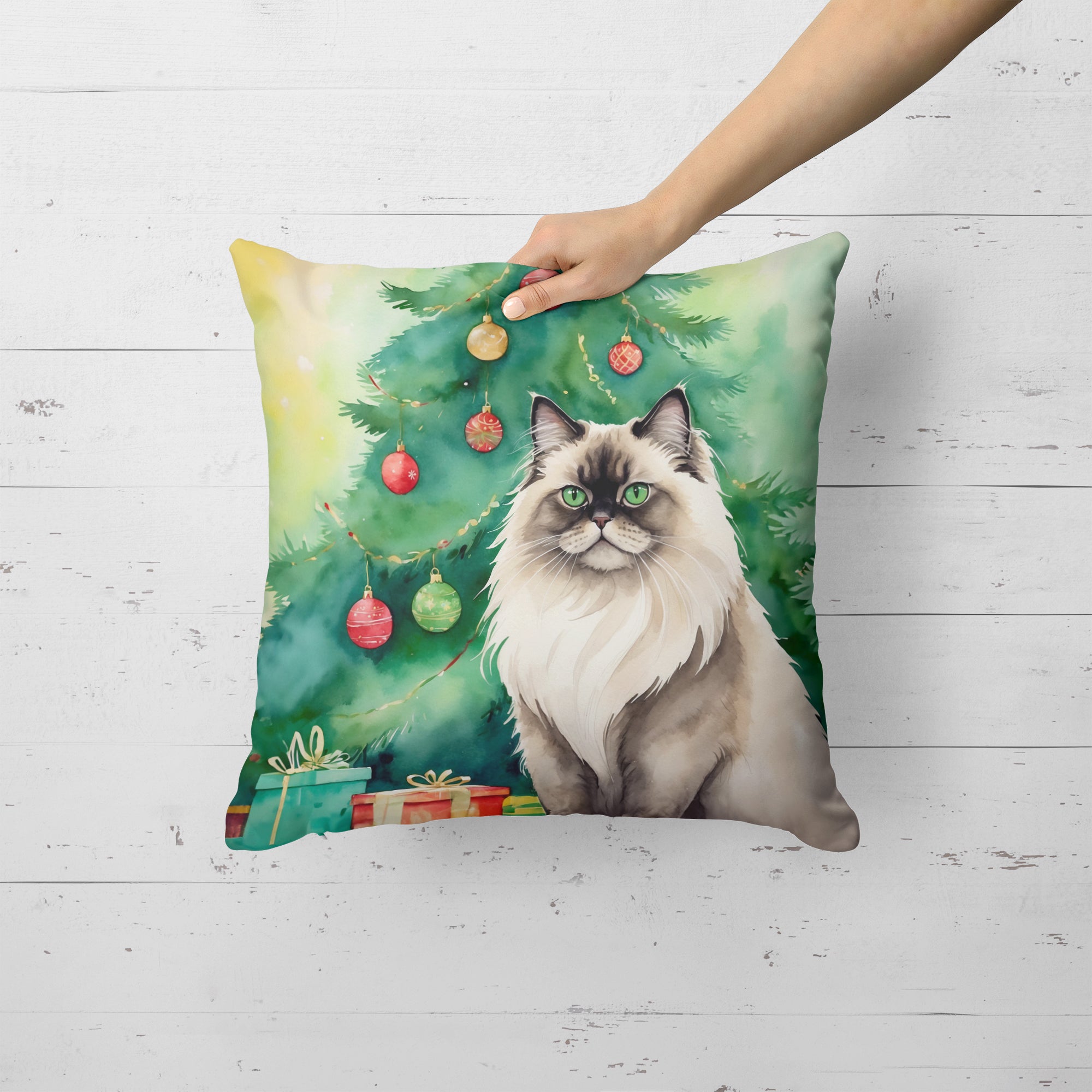 Caroline's Treasures Colorpoint Longhair Cat By the Christmas Tree Throw Pillow