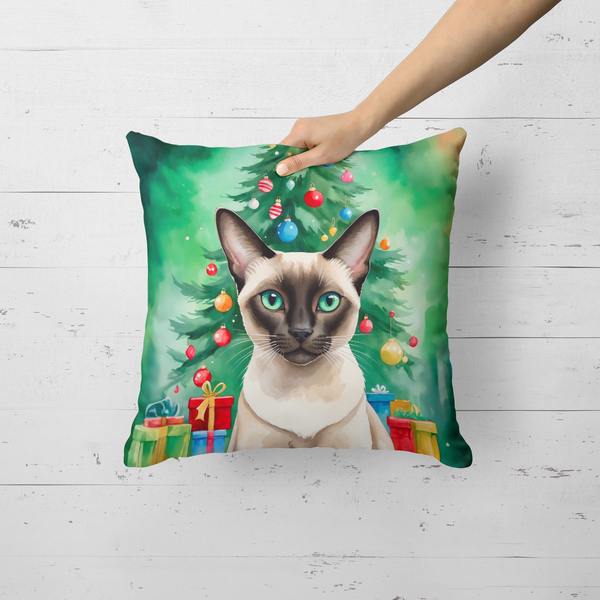 Caroline's Treasures Colorpoint Shorthair Cat By the Christmas Tree Throw Pillow