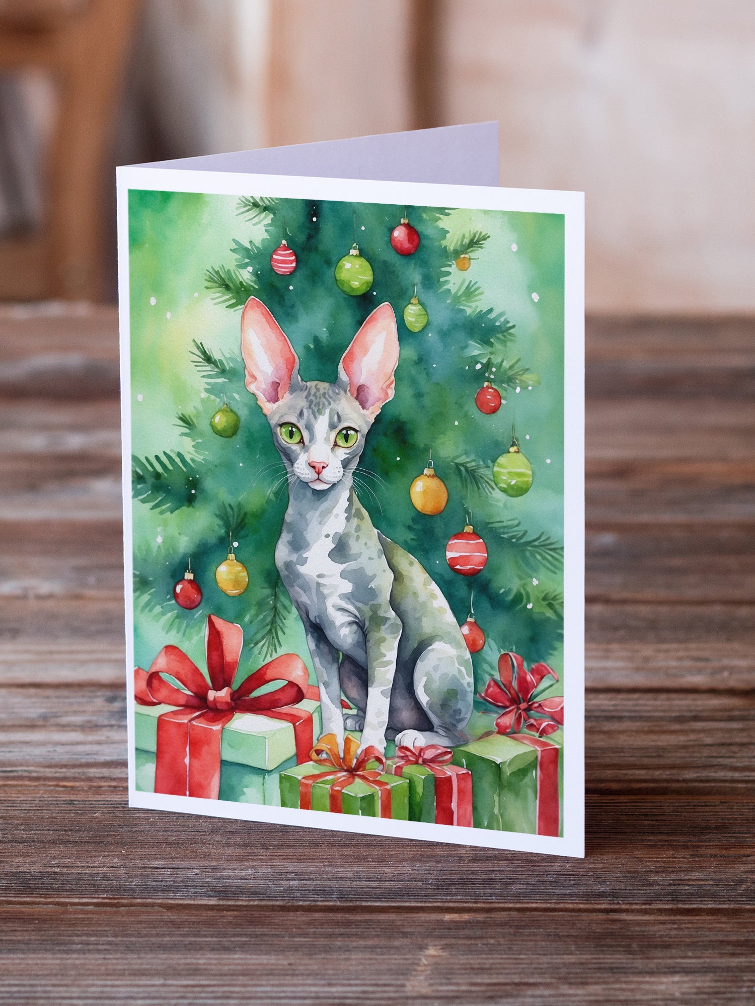 Caroline's Treasures Cornish Rex Cat By the Christmas Tree Greeting Cards - Blank Note Cards – 8-Pack of Artist-Designed Cards with Envelopes
