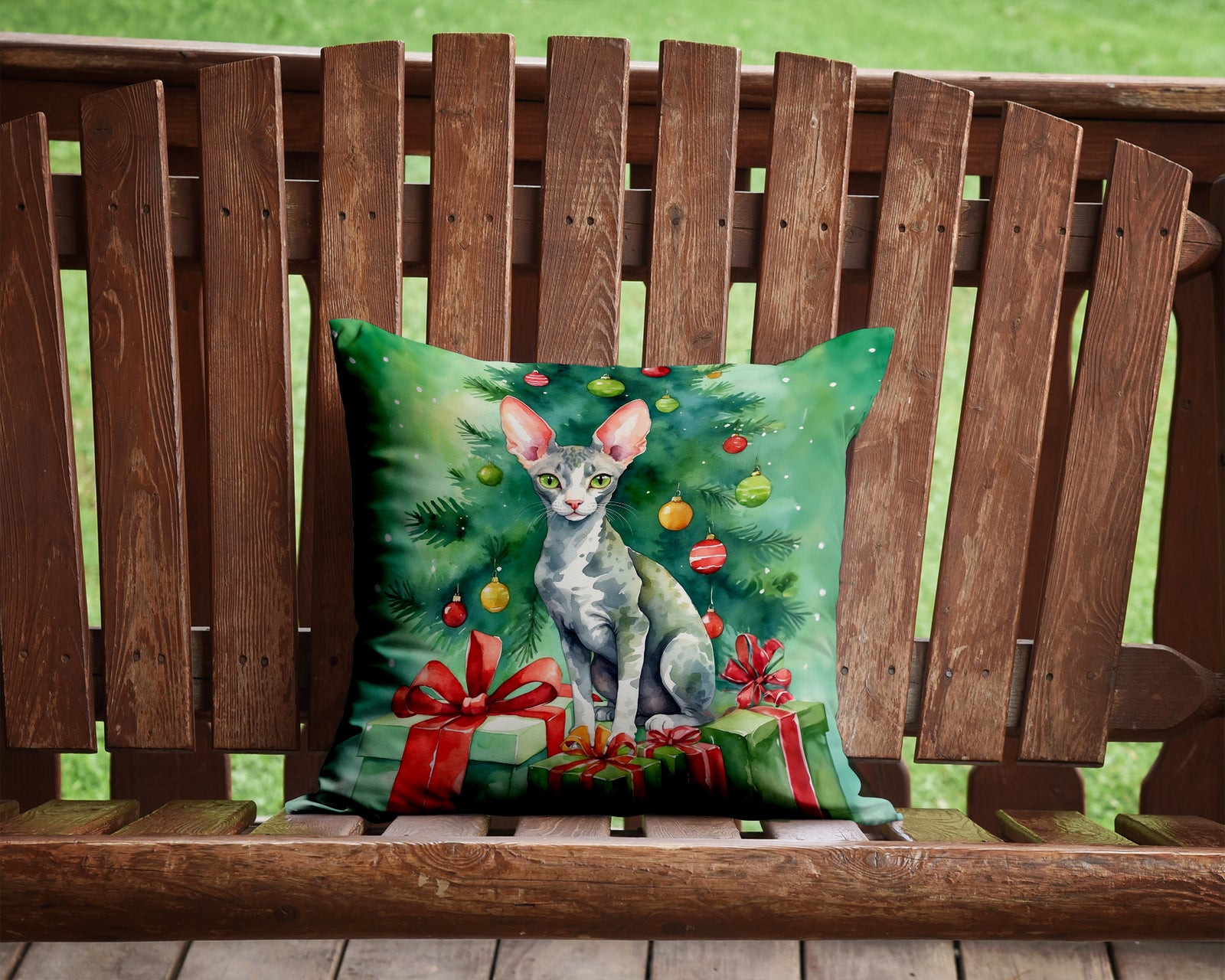 Caroline's Treasures Cornish Rex Cat By the Christmas Tree Throw Pillow - 14x14 Decorative Pillow – Art for Your Home & Patio