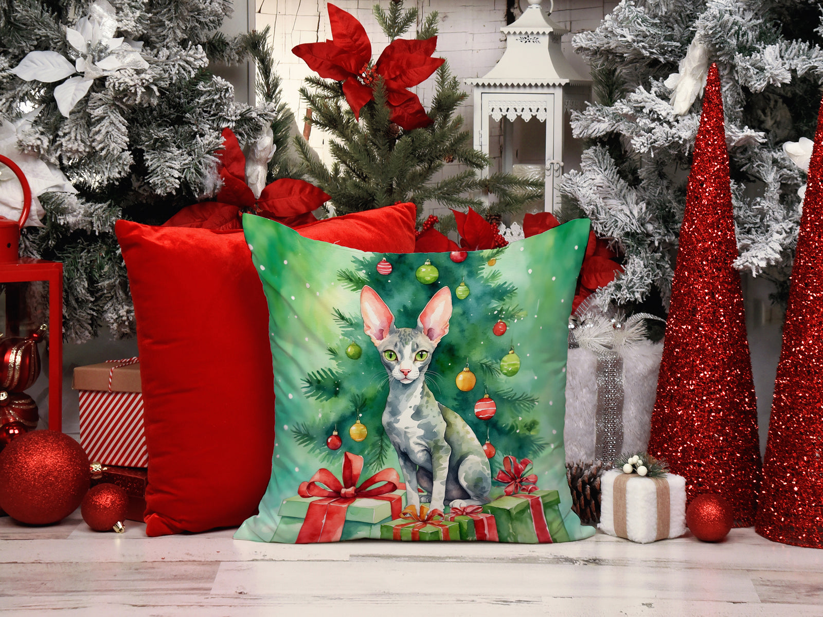 Caroline's Treasures Cornish Rex Cat By the Christmas Tree Throw Pillow