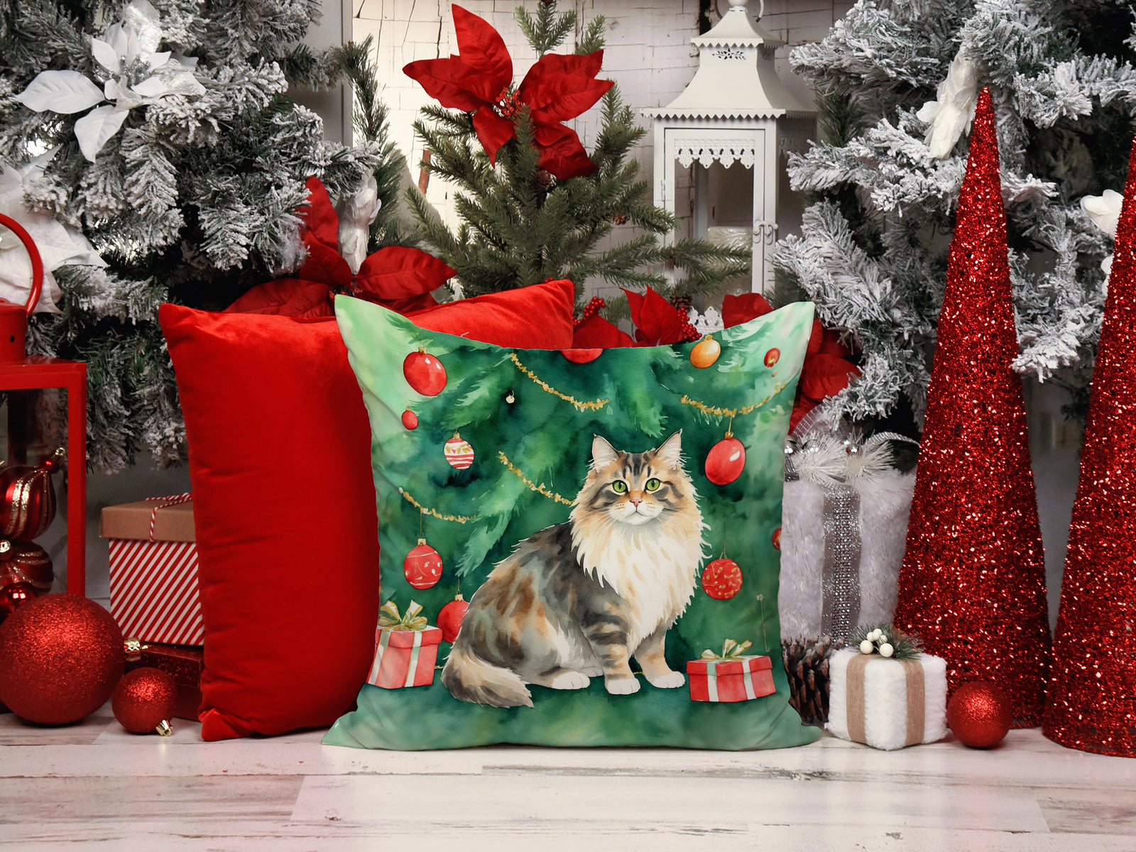 Caroline's Treasures Cymric Cat By the Christmas Tree Throw Pillow