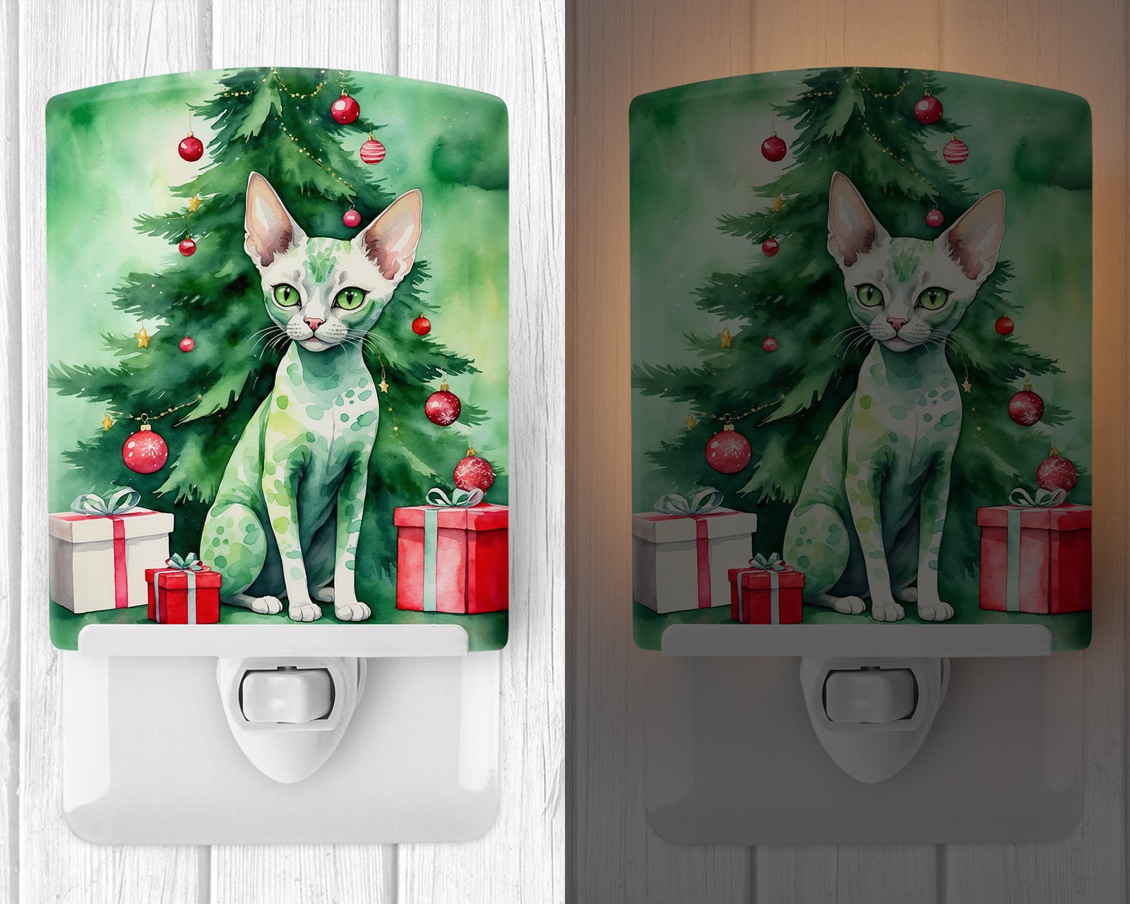 Caroline's Treasures Devon Rex Cat By the Christmas Tree Ceramic Night Light