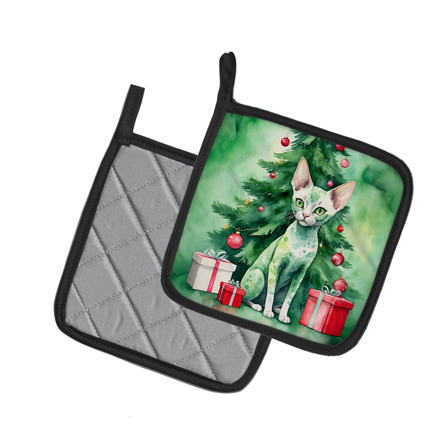 Caroline's Treasures Devon Rex Cat By the Christmas Tree Pot Holders - Set of 2 Decorative Kitchen Helpers | Made in the USA