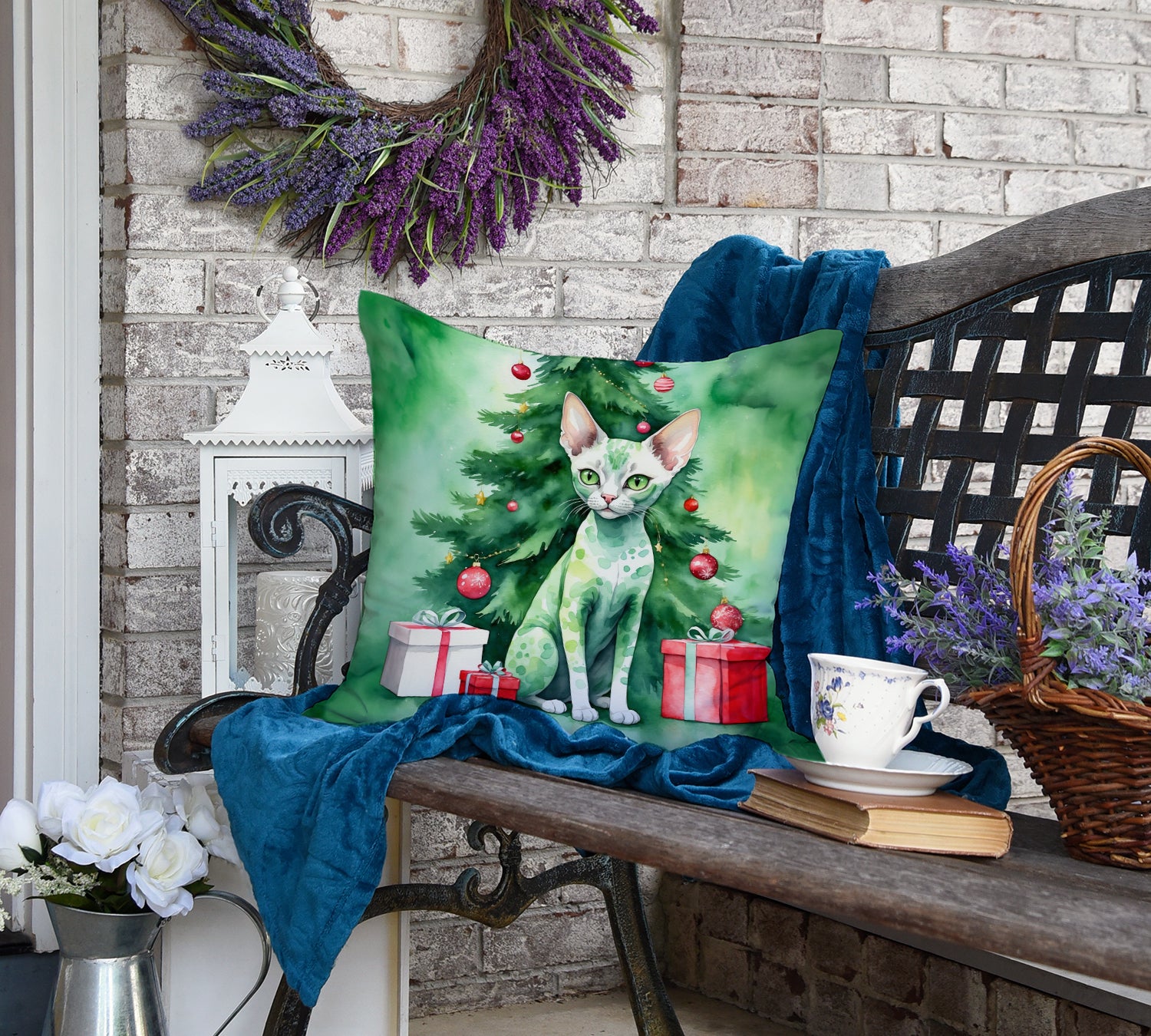 Caroline's Treasures Devon Rex Cat By the Christmas Tree Throw Pillow