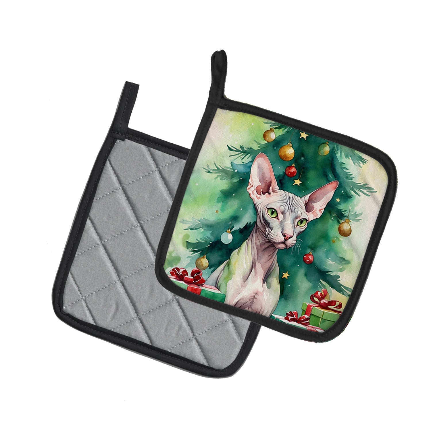 Caroline's Treasures Donskoy Don Sphynx Cat By the Christmas Tree Pot Holders - Set of 2 Decorative Kitchen Helpers | Made in the USA