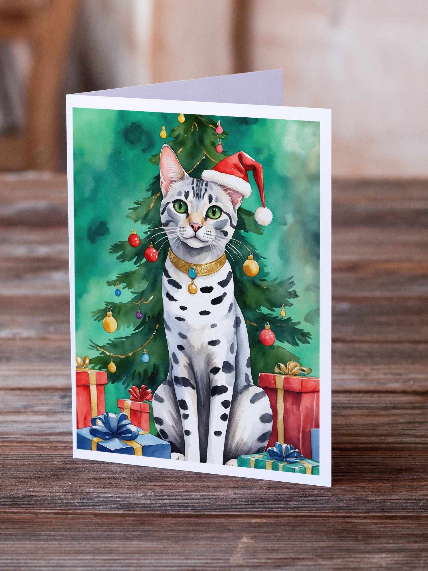 Caroline's Treasures Egyptian Mau Cat By the Christmas Tree Greeting Cards - Blank Note Cards – 8-Pack of Artist-Designed Cards with Envelopes