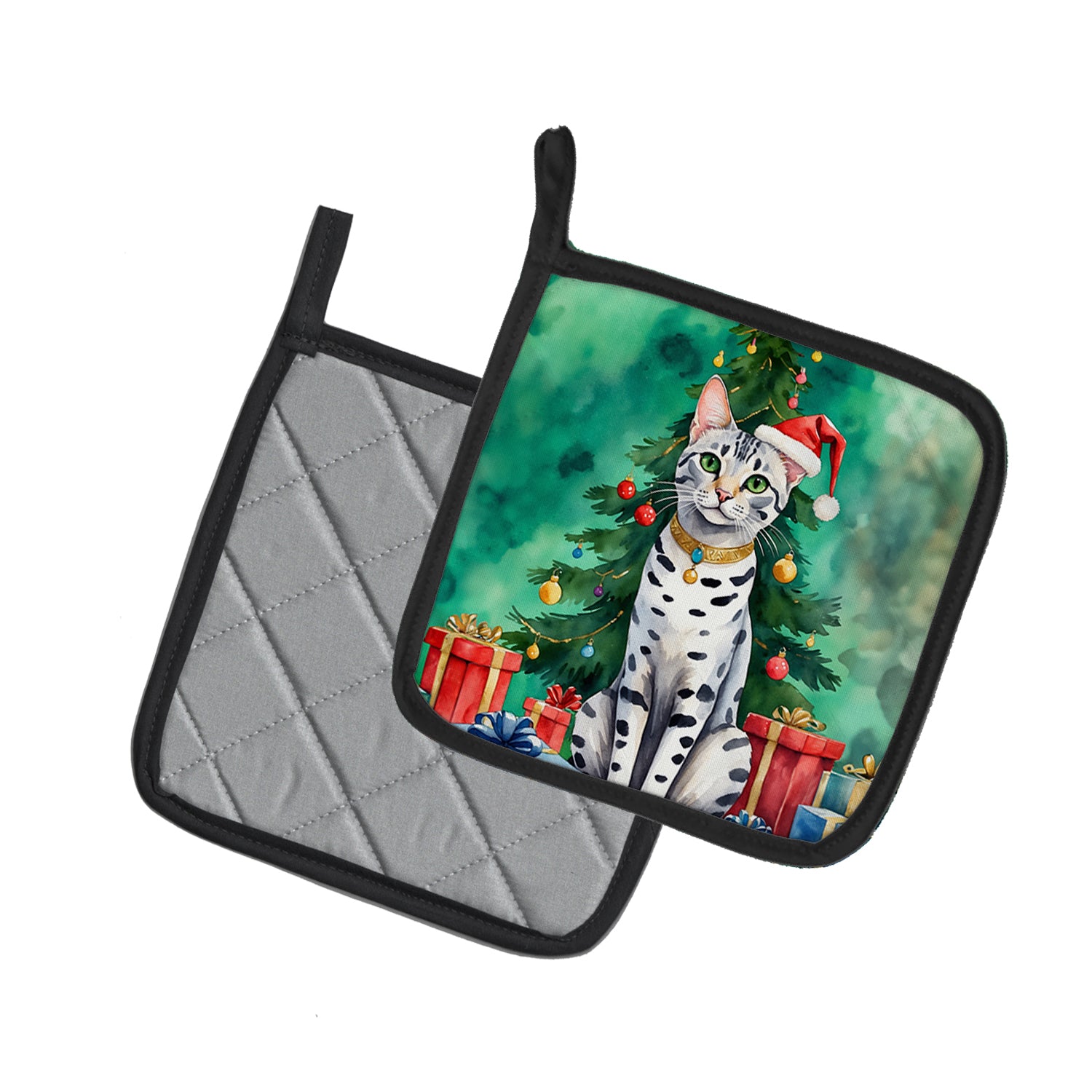 Caroline's Treasures Egyptian Mau Cat By the Christmas Tree Pot Holders - Set of 2 Decorative Kitchen Helpers | Made in the USA