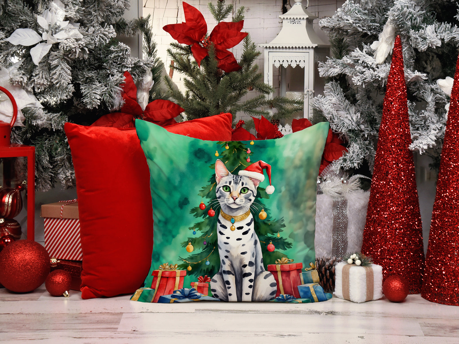 Caroline's Treasures Egyptian Mau Cat By the Christmas Tree Throw Pillow