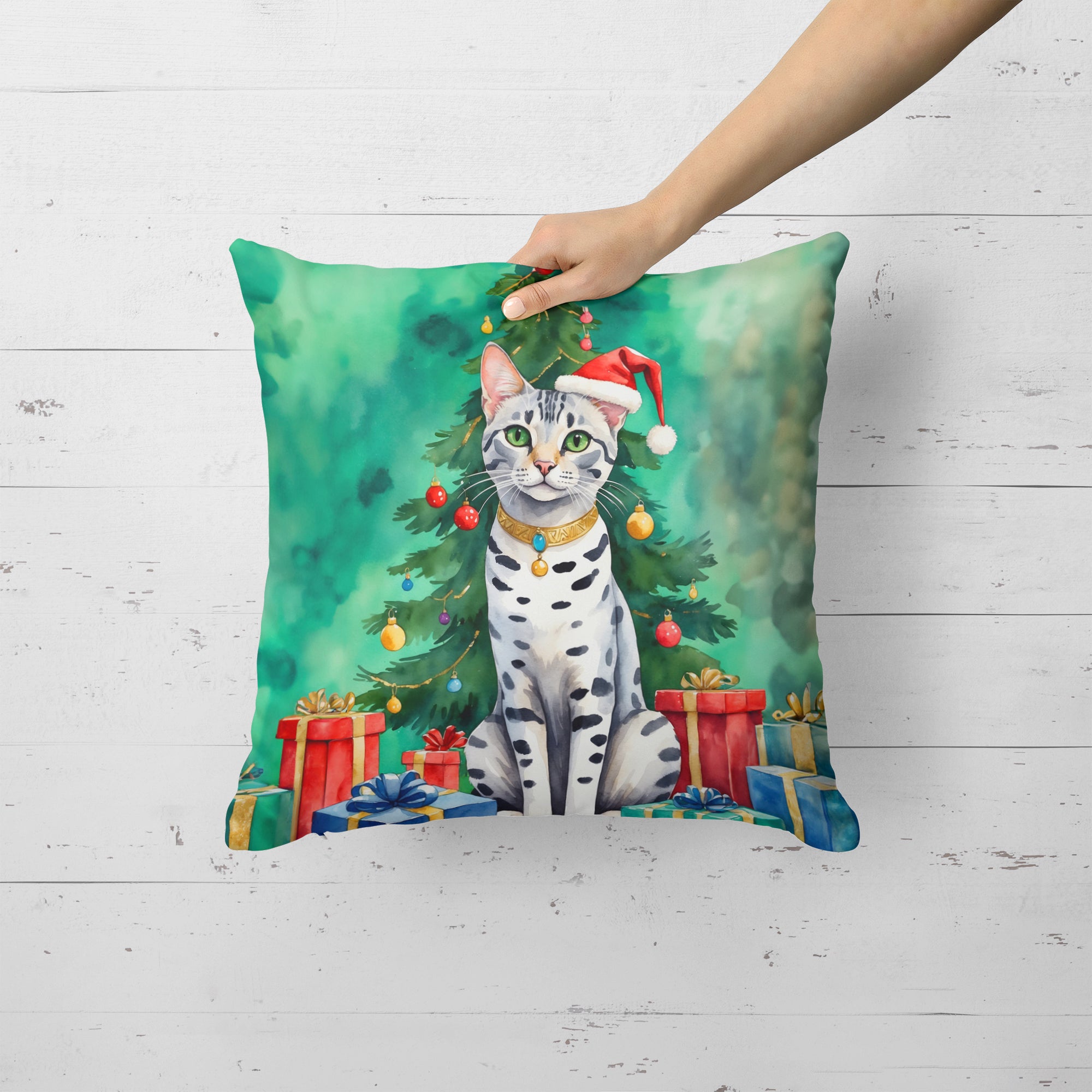 Caroline's Treasures Egyptian Mau Cat By the Christmas Tree Throw Pillow