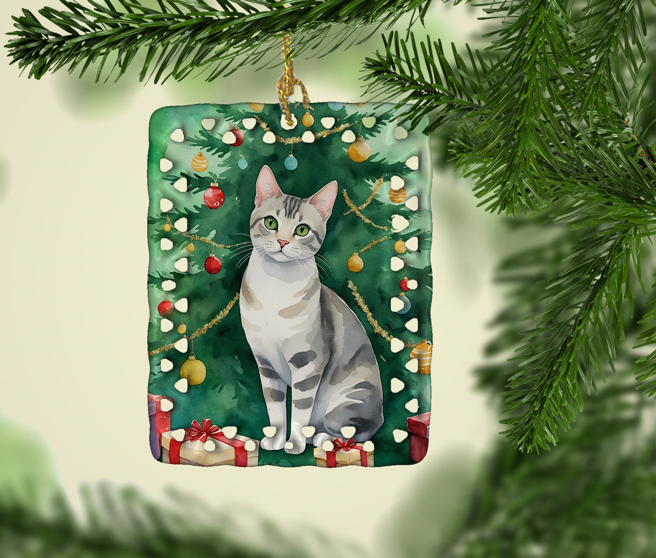 Caroline's Treasures European Shorthair Cat By the Christmas Tree Porcelain Ornament