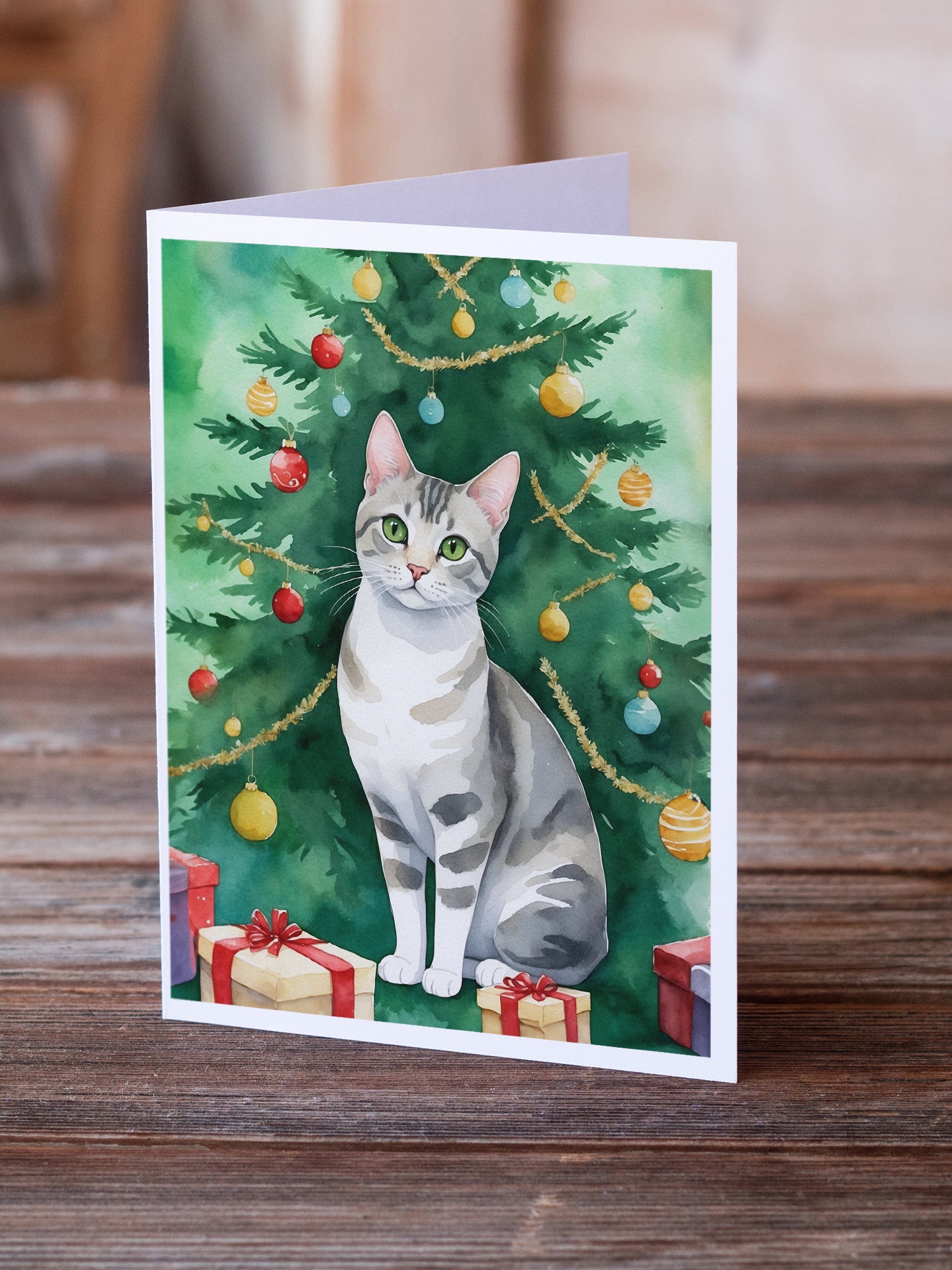 Caroline's Treasures European Shorthair Cat By the Christmas Tree Greeting Cards - Blank Note Cards – 8-Pack of Artist-Designed Cards with Envelopes