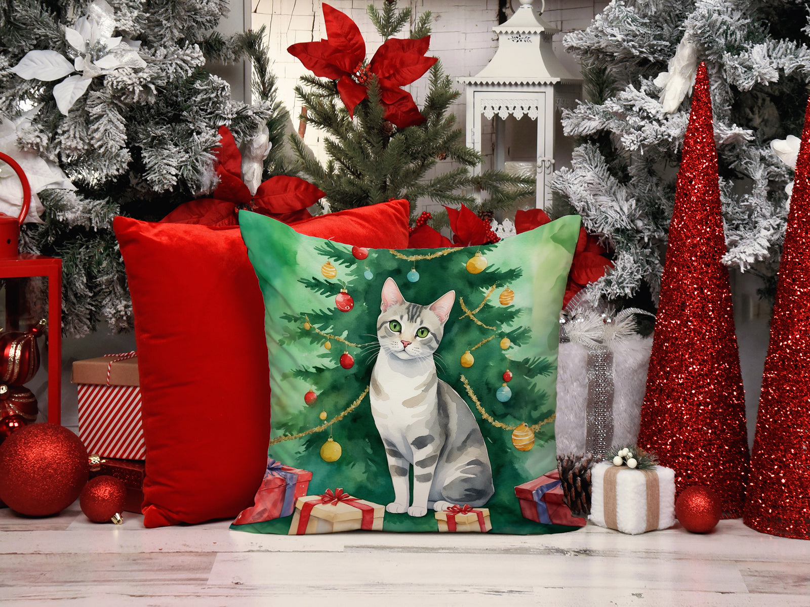 Caroline's Treasures European Shorthair Cat By the Christmas Tree Throw Pillow