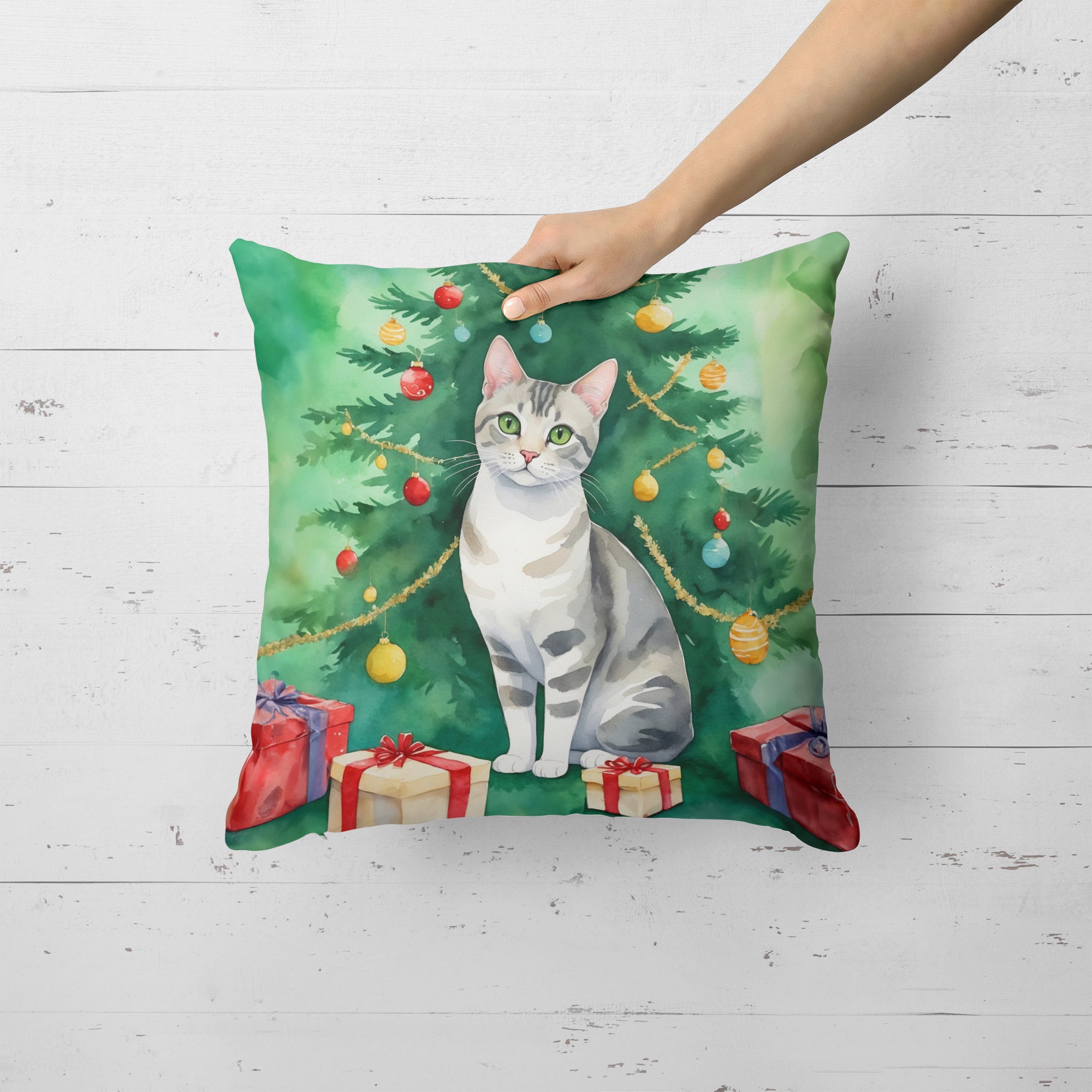 Caroline's Treasures European Shorthair Cat By the Christmas Tree Throw Pillow