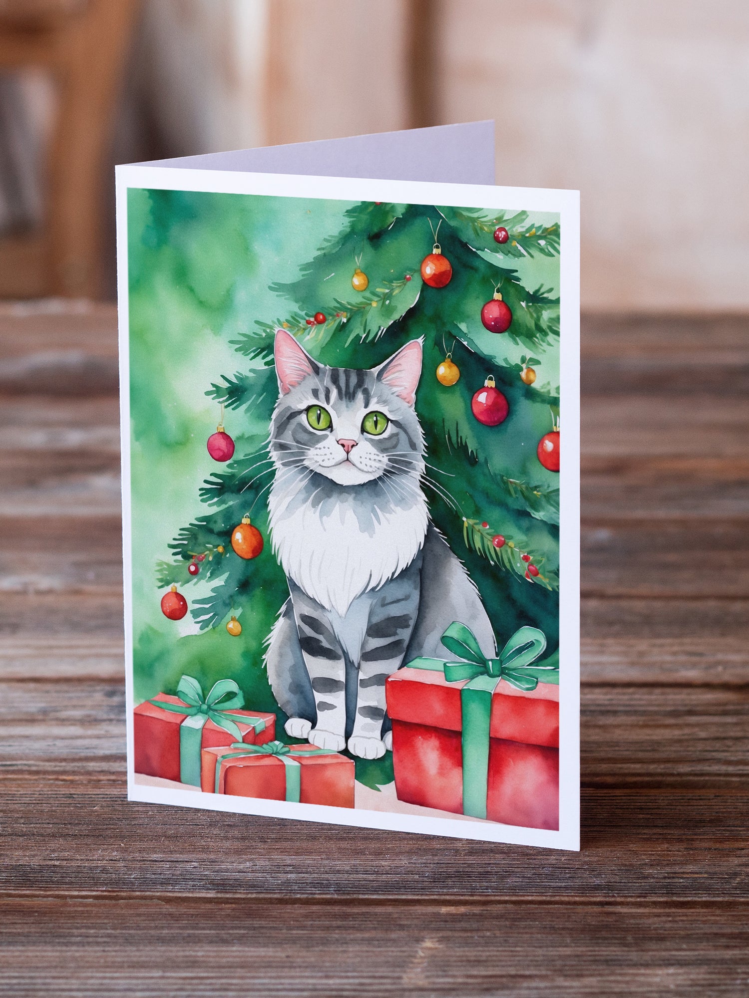 Caroline's Treasures Foldex Exotic Fold Cat By the Christmas Tree Greeting Cards - Blank Note Cards – 8-Pack of Artist-Designed Cards with Envelopes