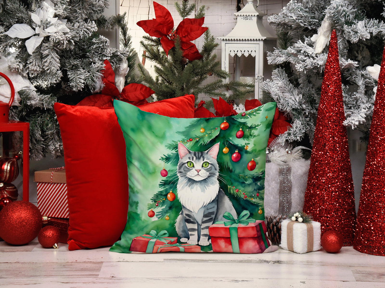 Caroline's Treasures Foldex Exotic Fold Cat By the Christmas Tree Throw Pillow