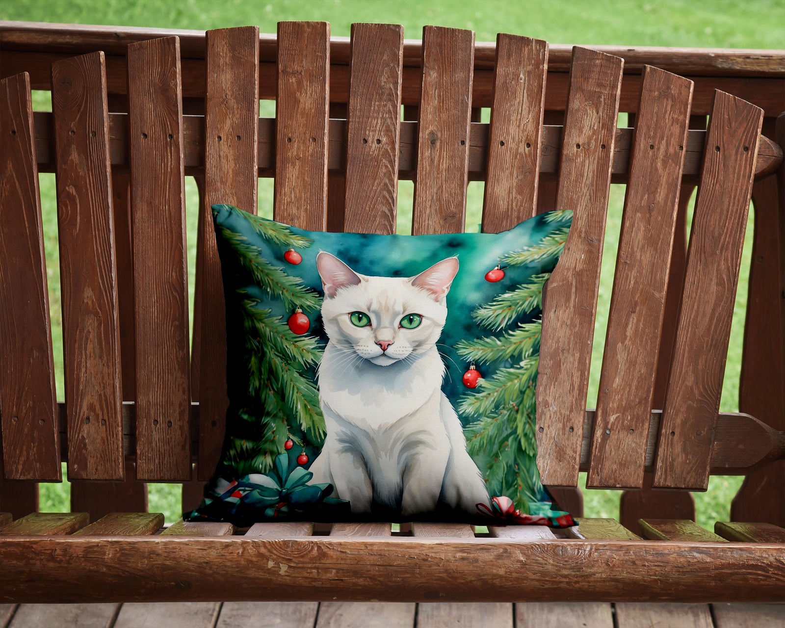 Caroline's Treasures Foreign White Cat By the Christmas Tree Throw Pillow - 14x14 Decorative Pillow – Art for Your Home & Patio