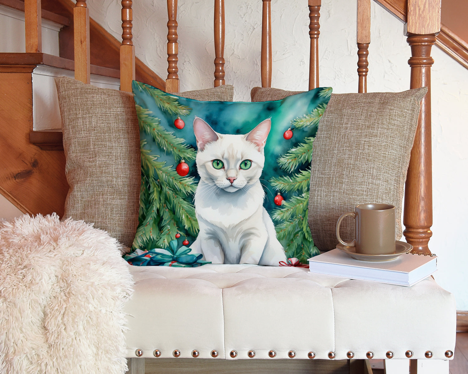 Caroline's Treasures Foreign White Cat By the Christmas Tree Throw Pillow - 14x14 Decorative Pillow – Art for Your Home & Patio