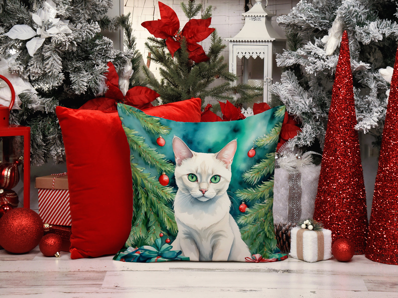 Caroline's Treasures Foreign White Cat By the Christmas Tree Throw Pillow