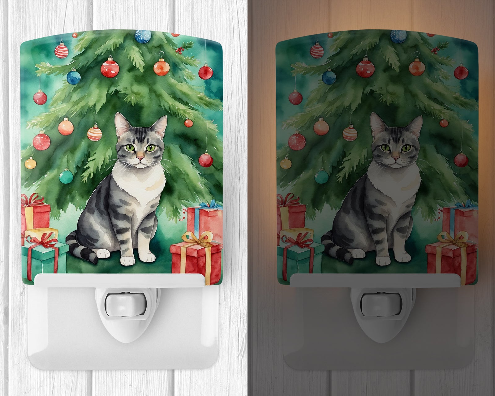 Caroline's Treasures German Rex Cat By the Christmas Tree Ceramic Night Light