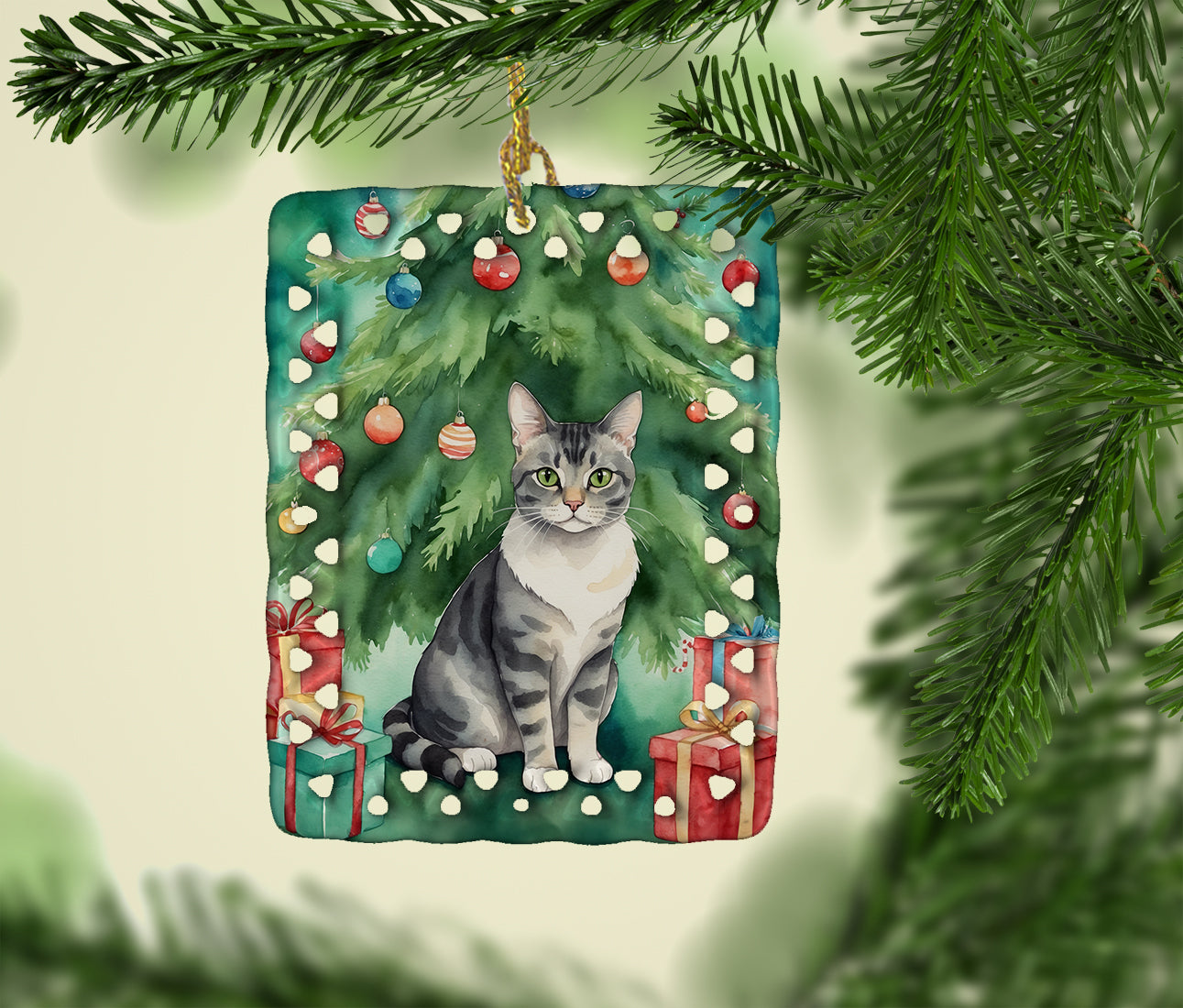 Caroline's Treasures German Rex Cat By the Christmas Tree Porcelain Ornament