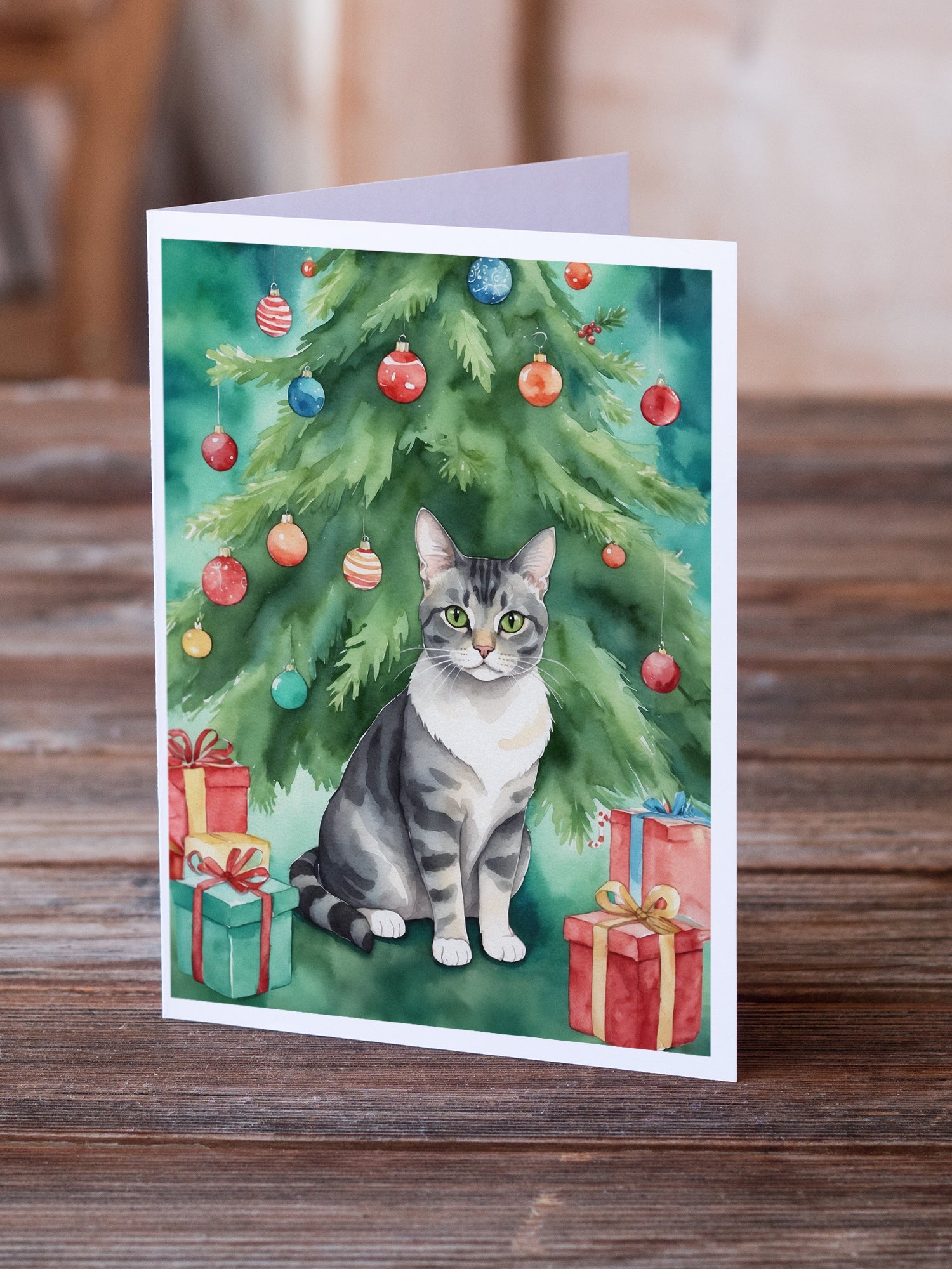 Caroline's Treasures German Rex Cat By the Christmas Tree Greeting Cards - Blank Note Cards – 8-Pack of Artist-Designed Cards with Envelopes