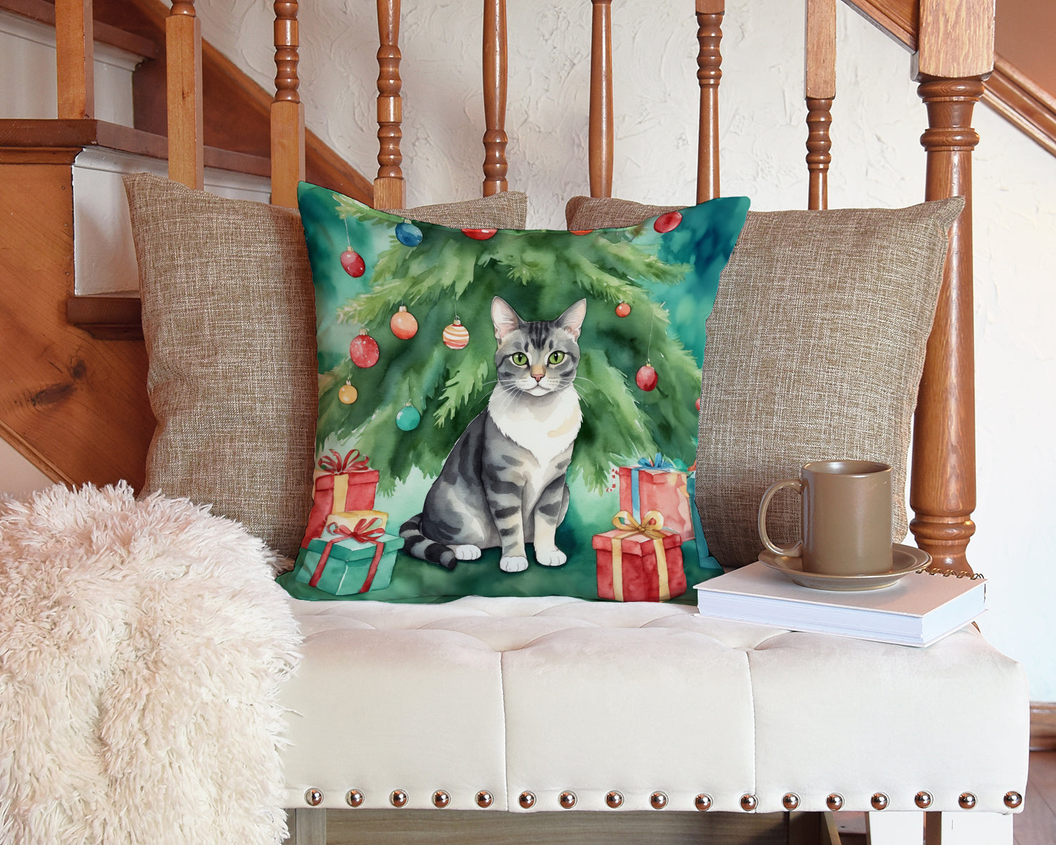 Caroline's Treasures German Rex Cat By the Christmas Tree Throw Pillow - 14x14 Decorative Pillow – Art for Your Home & Patio