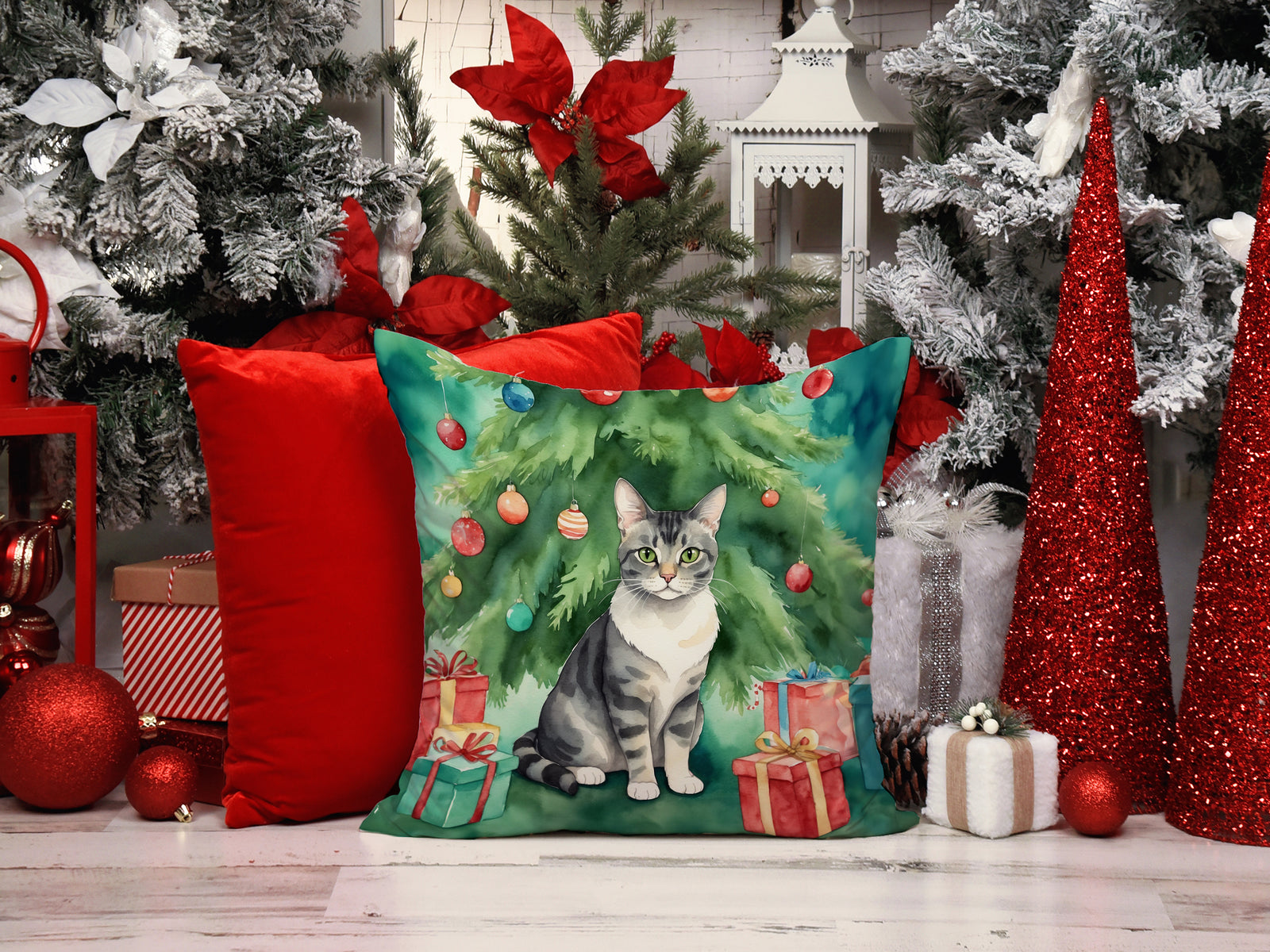 Caroline's Treasures German Rex Cat By the Christmas Tree Throw Pillow