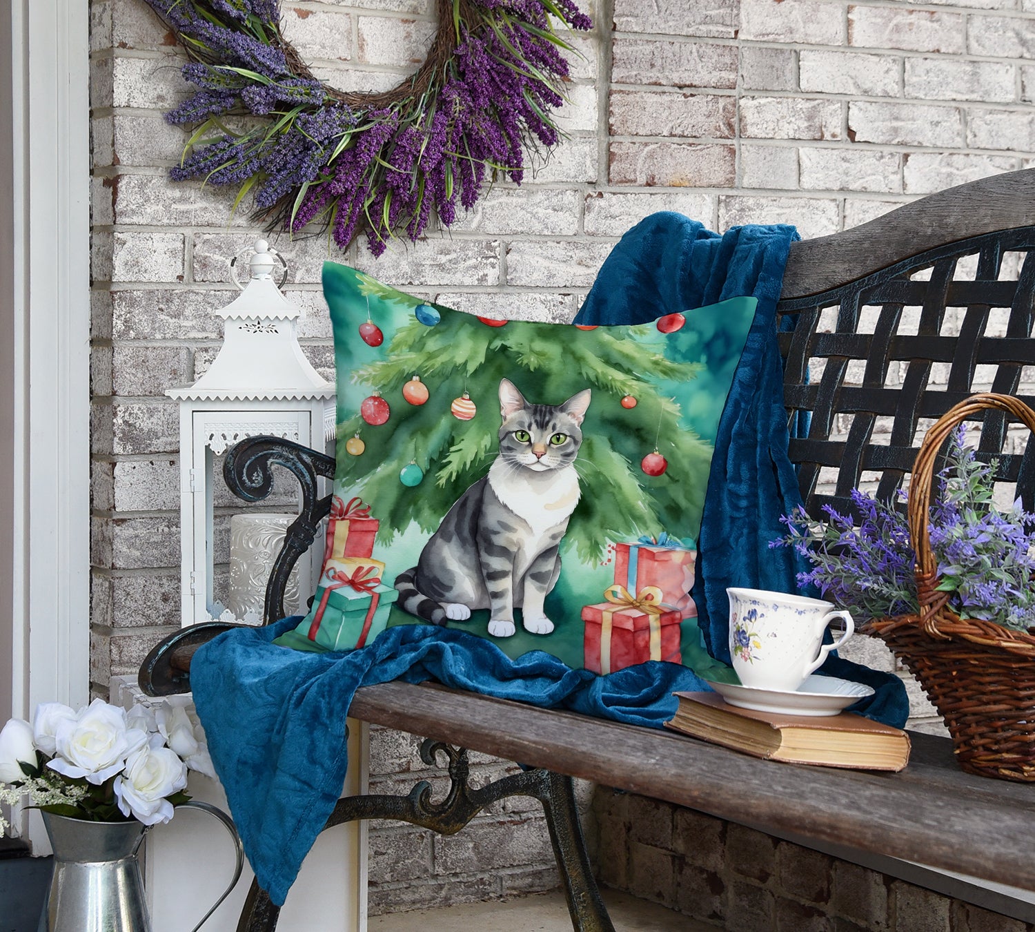 Caroline's Treasures German Rex Cat By the Christmas Tree Throw Pillow