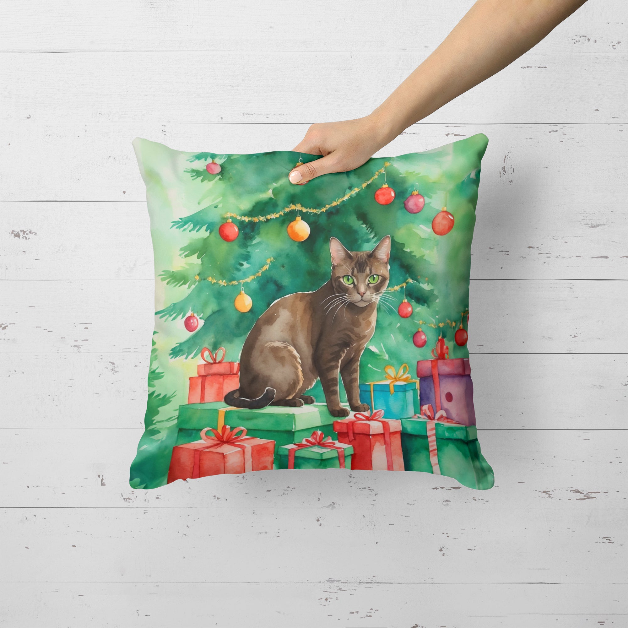 Caroline's Treasures Havana Brown Cat By the Christmas Tree Throw Pillow