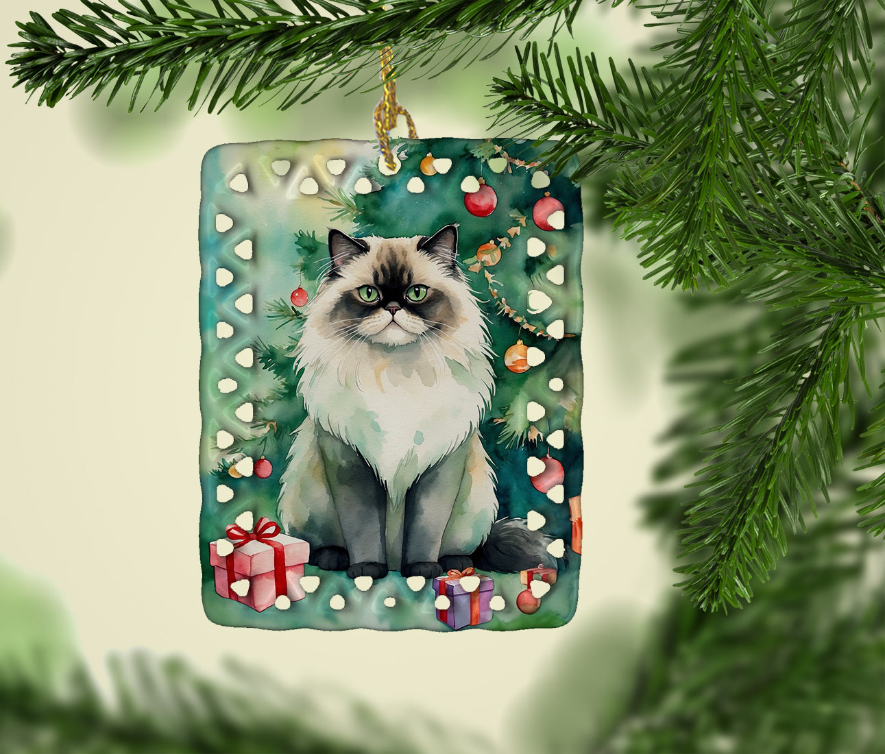 Caroline's Treasures Himalayan Cat By the Christmas Tree Porcelain Ornament
