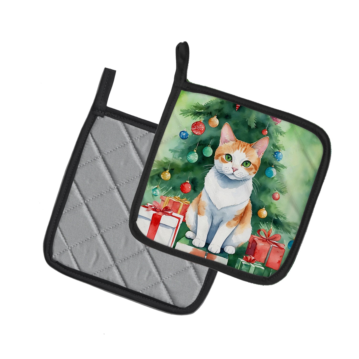 Caroline's Treasures Japanese Bobtail Cat By the Christmas Tree Pot Holders - Set of 2 Decorative Kitchen Helpers | Made in the USA