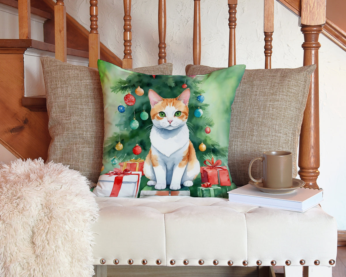Caroline's Treasures Japanese Bobtail Cat By the Christmas Tree Throw Pillow - 14x14 Decorative Pillow – Art for Your Home & Patio