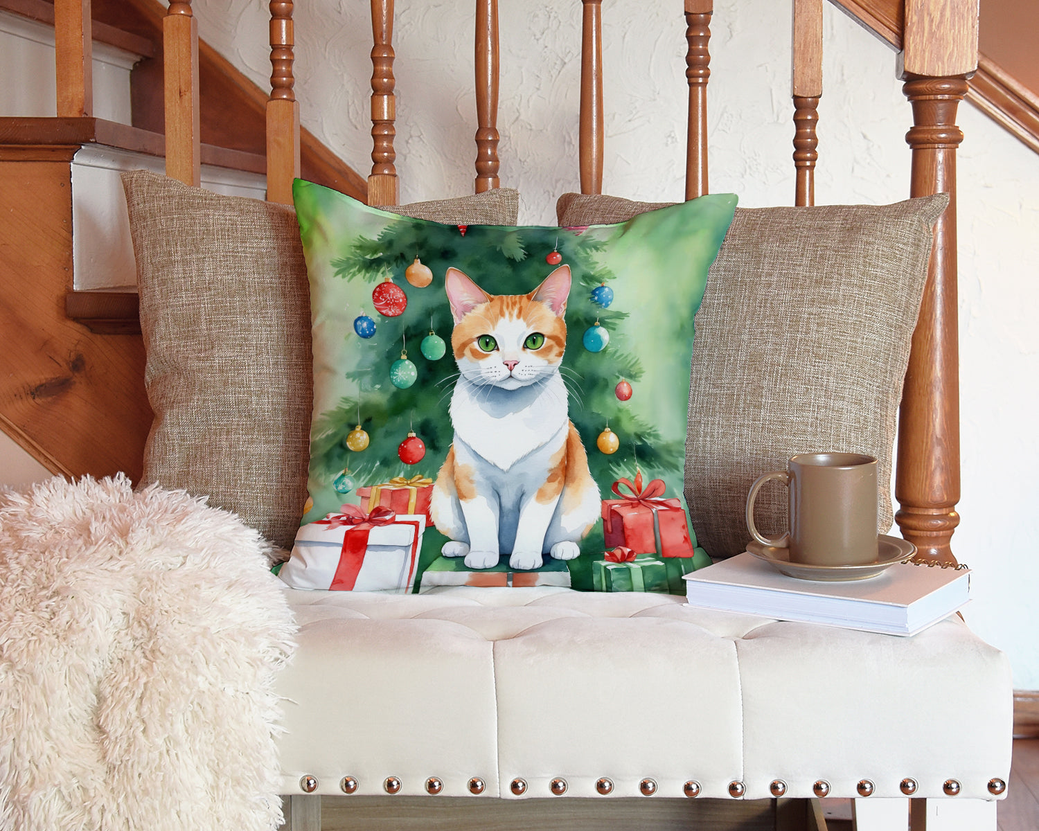 Caroline's Treasures Japanese Bobtail Cat By the Christmas Tree Throw Pillow - 14x14 Decorative Pillow – Art for Your Home & Patio