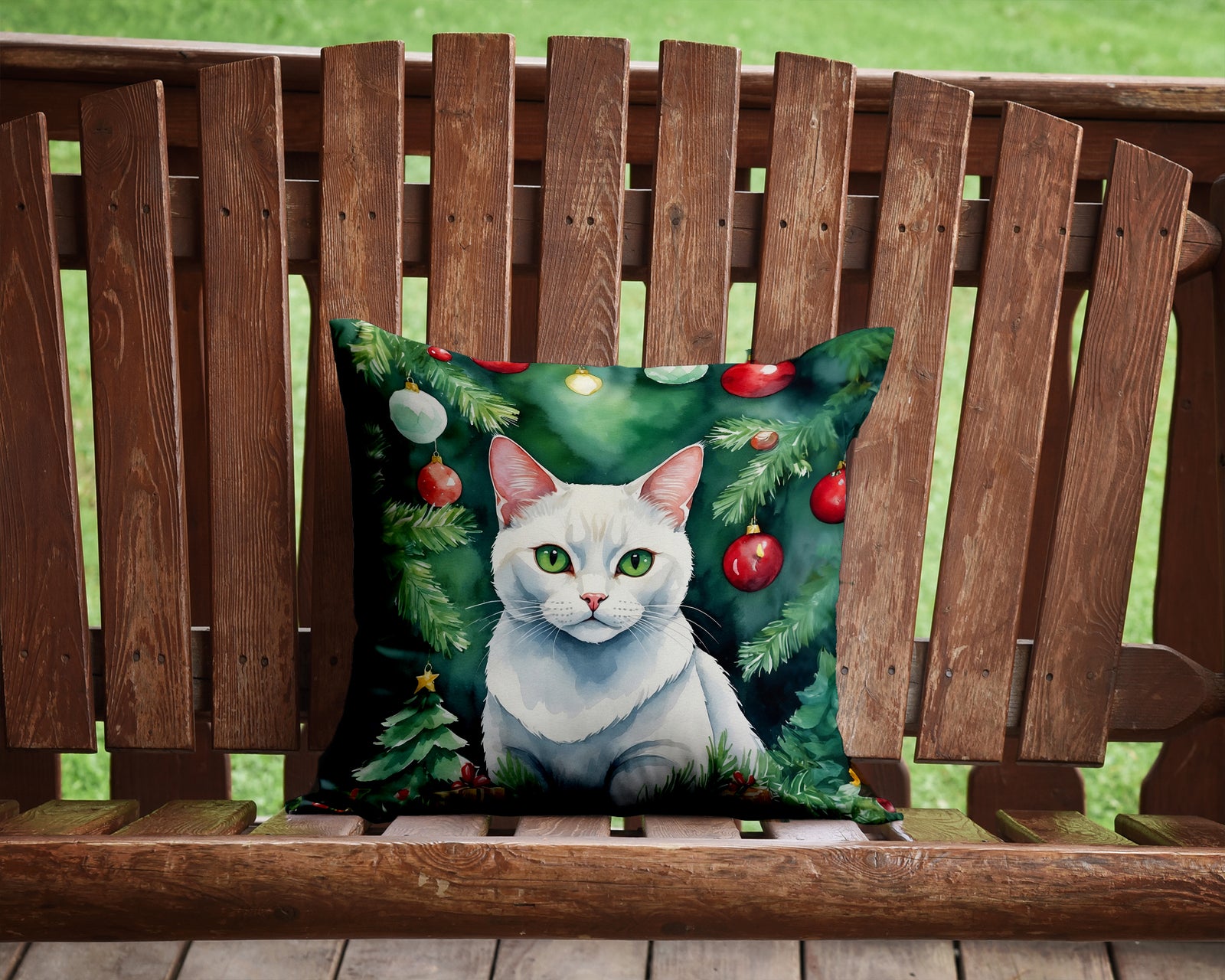 Caroline's Treasures Khao Manee Cat By the Christmas Tree Throw Pillow - 14x14 Decorative Pillow – Art for Your Home & Patio