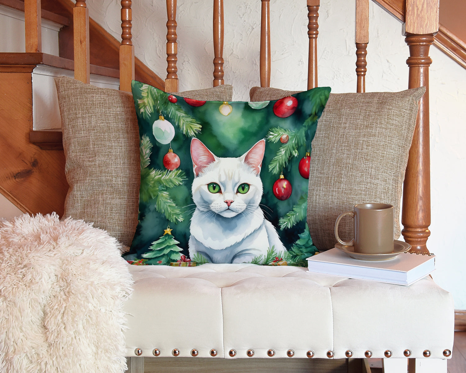Caroline's Treasures Khao Manee Cat By the Christmas Tree Throw Pillow - 14x14 Decorative Pillow – Art for Your Home & Patio