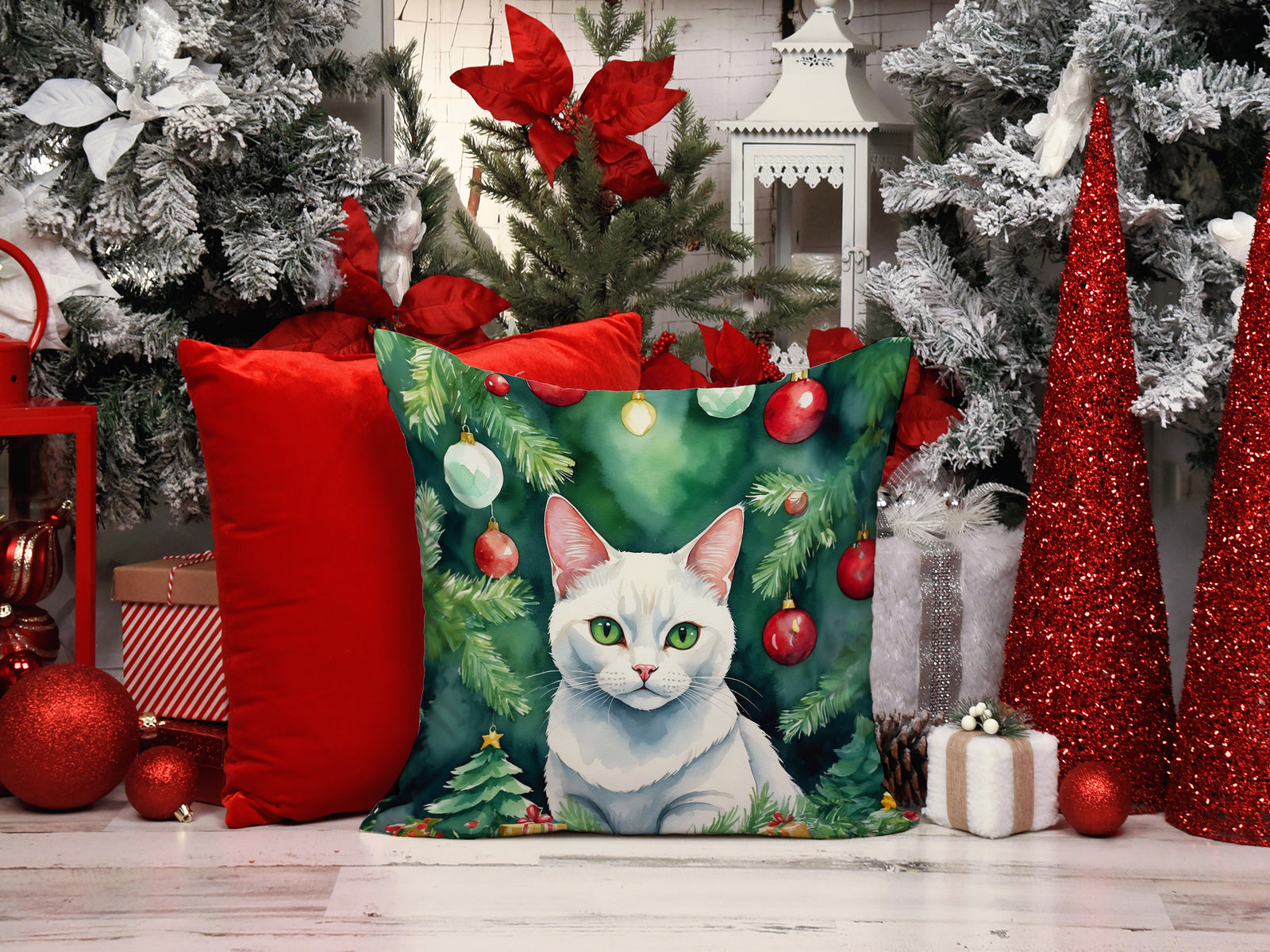 Caroline's Treasures Khao Manee Cat By the Christmas Tree Throw Pillow