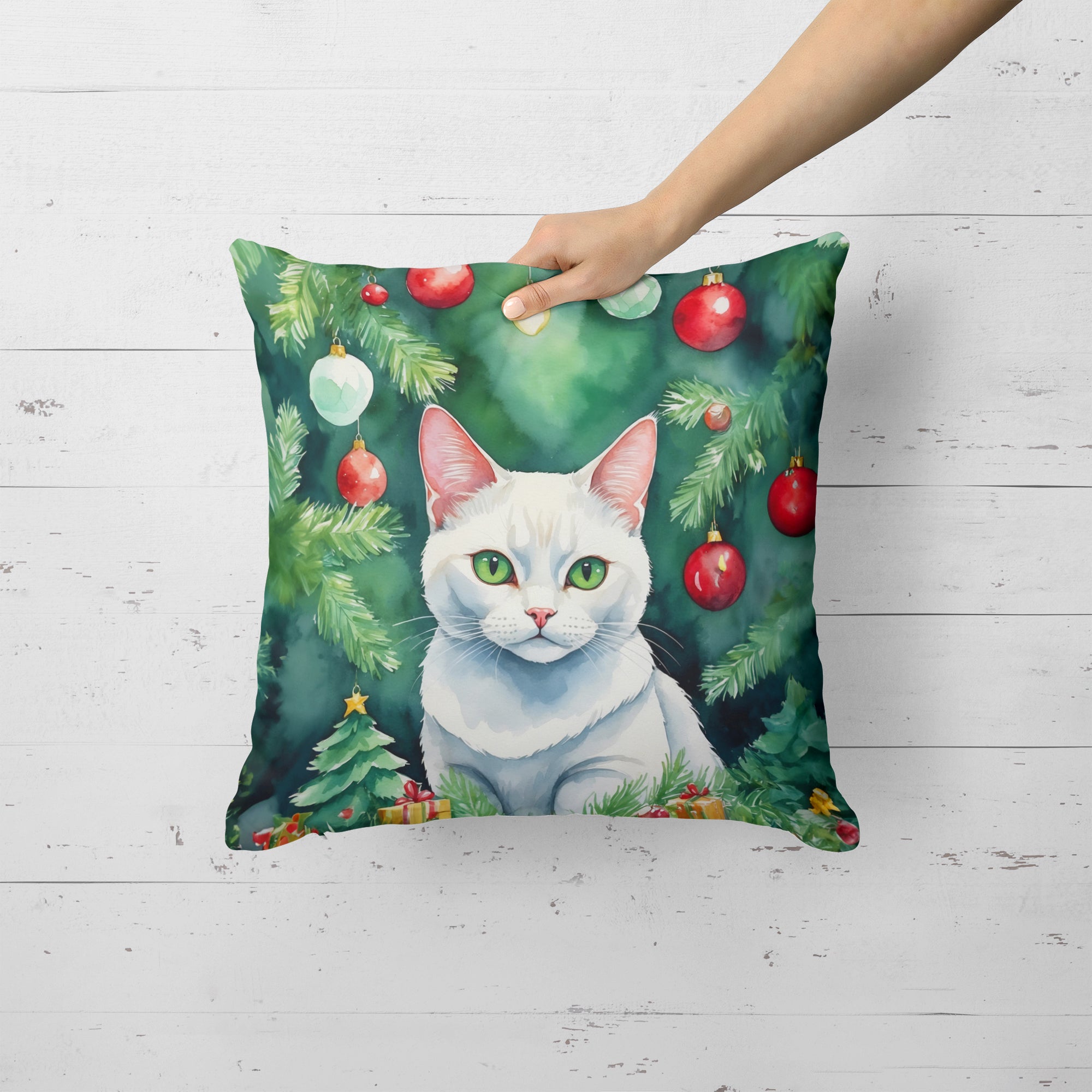 Caroline's Treasures Khao Manee Cat By the Christmas Tree Throw Pillow