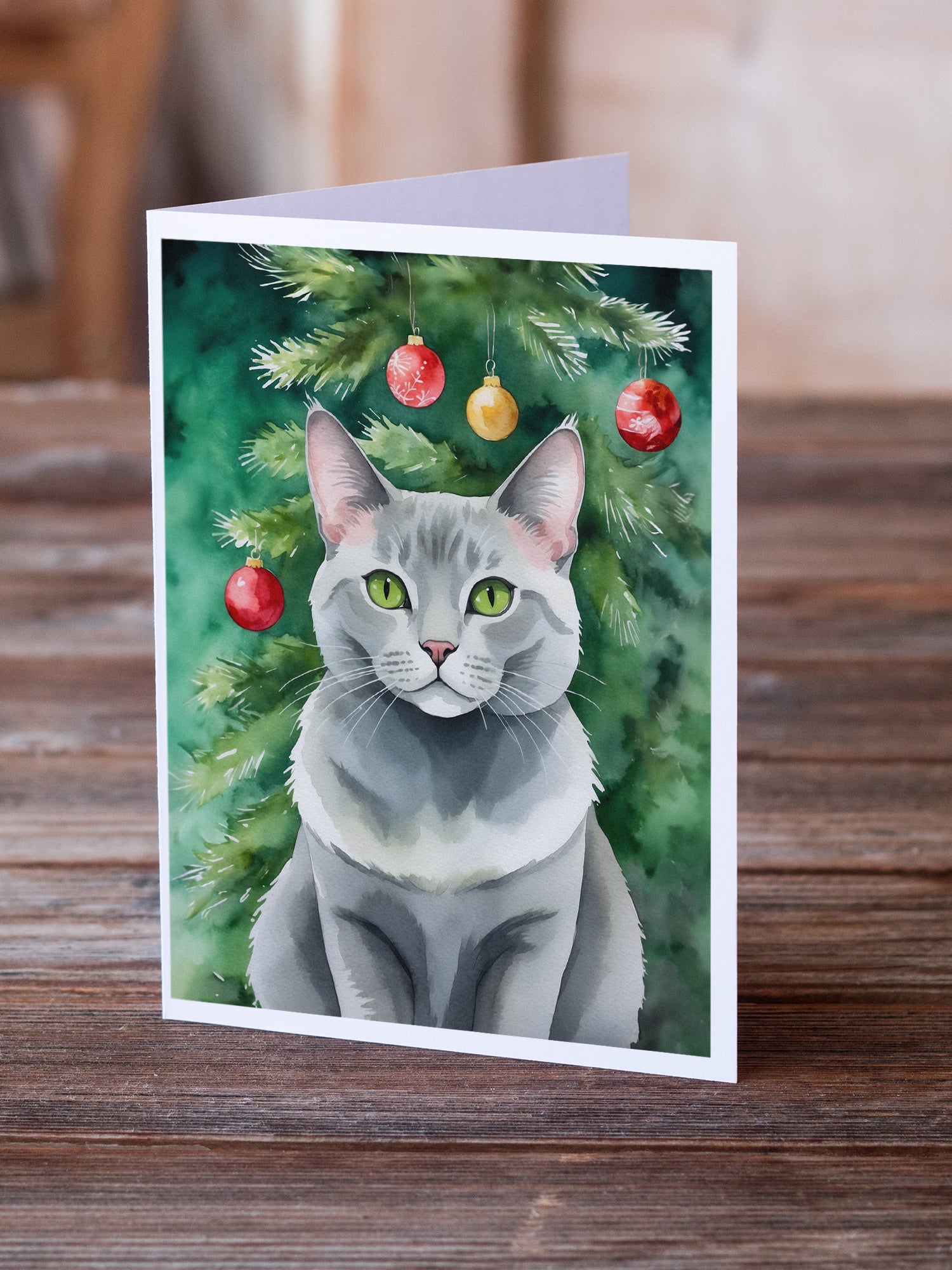 Caroline's Treasures Korat Cat By the Christmas Tree Greeting Cards - Blank Note Cards – 8-Pack of Artist-Designed Cards with Envelopes