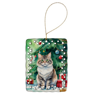 Caroline's Treasures Kurilian Bobtail Cat By the Christmas Tree Porcelain Ornament