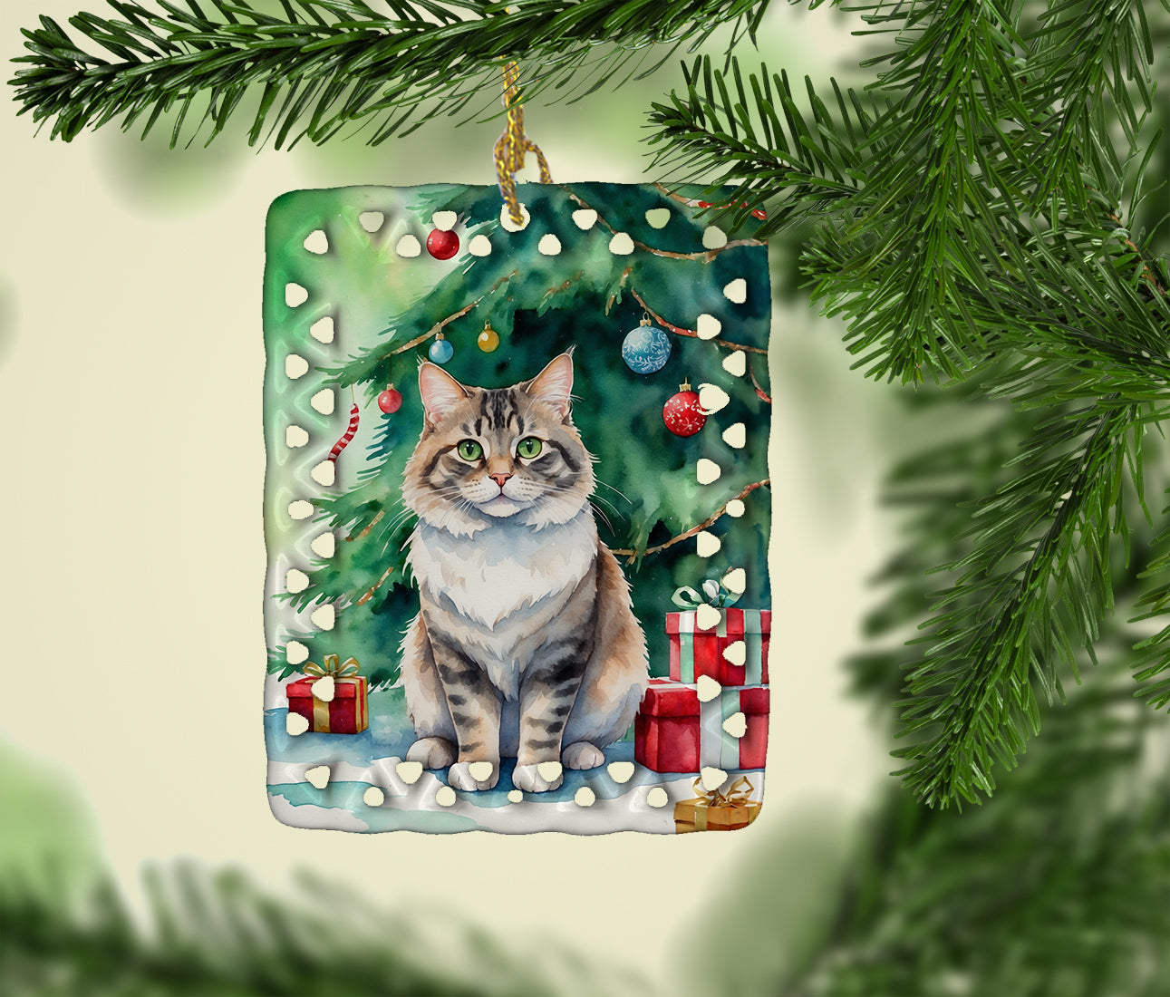 Caroline's Treasures Kurilian Bobtail Cat By the Christmas Tree Porcelain Ornament