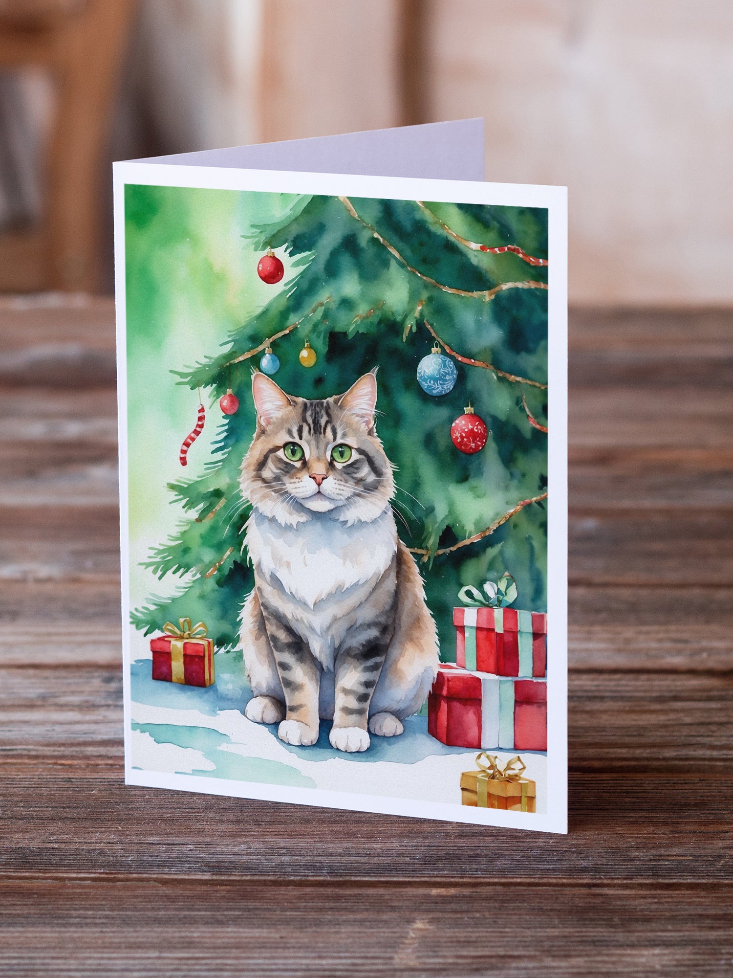 Caroline's Treasures Kurilian Bobtail Cat By the Christmas Tree Greeting Cards - Blank Note Cards – 8-Pack of Artist-Designed Cards with Envelopes