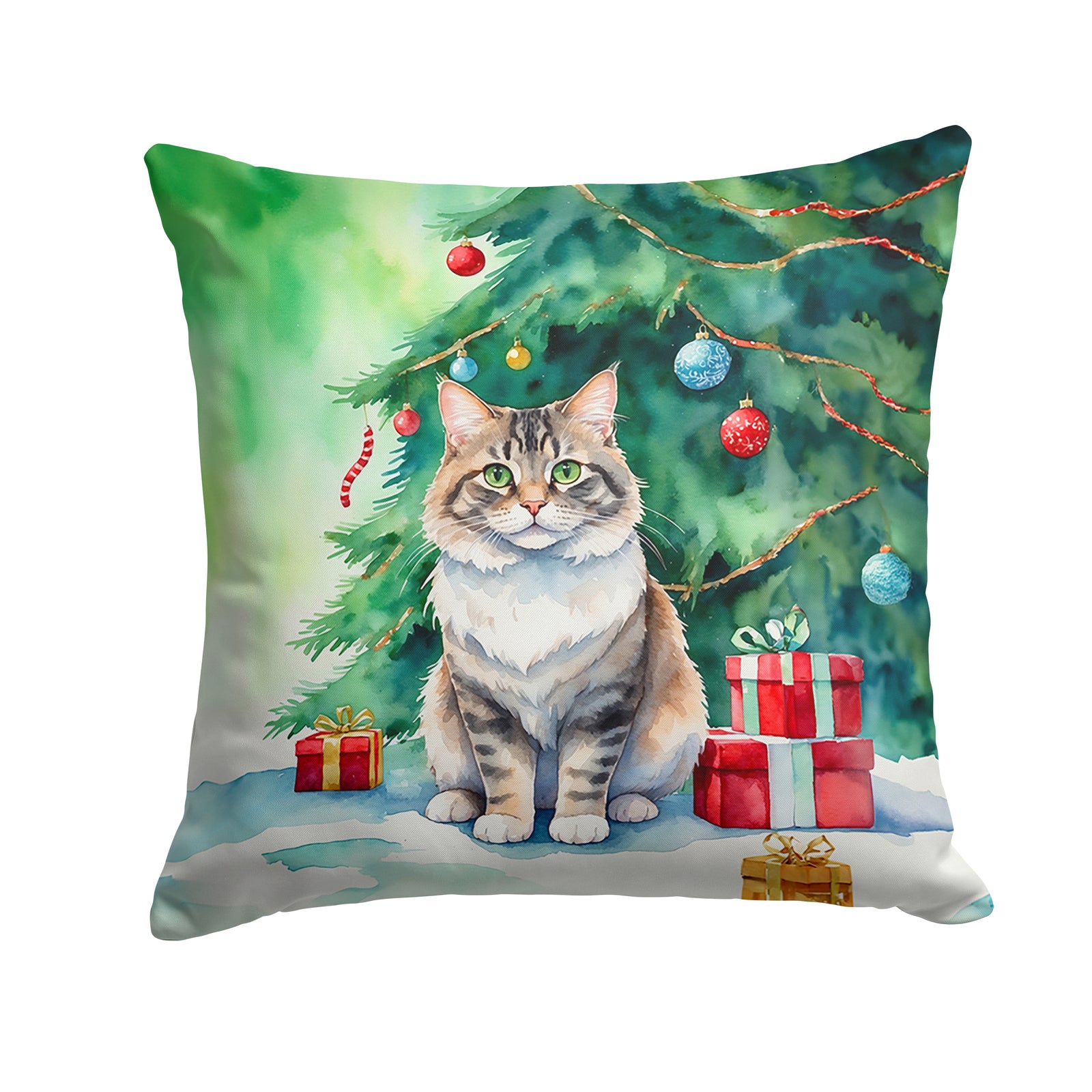 Caroline's Treasures Kurilian Bobtail Cat By the Christmas Tree Throw Pillow - 14x14 Decorative Pillow – Art for Your Home & Patio