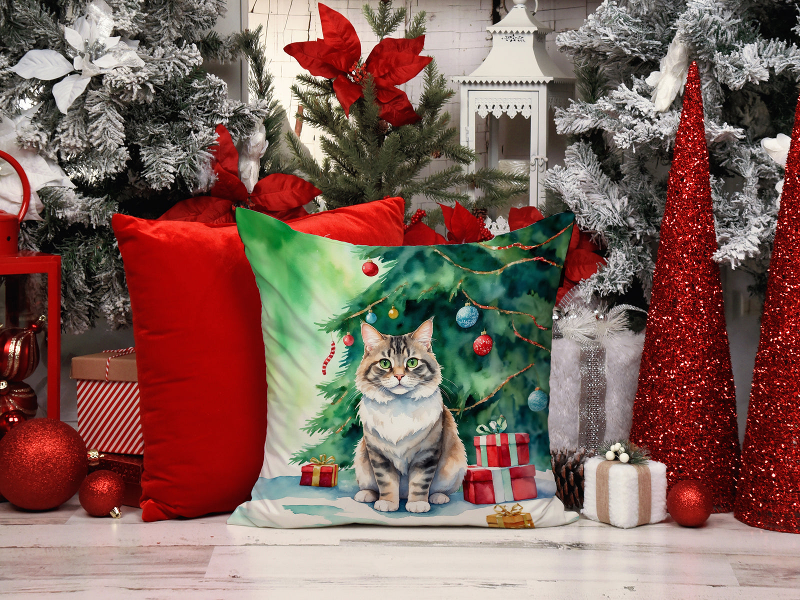Caroline's Treasures Kurilian Bobtail Cat By the Christmas Tree Throw Pillow