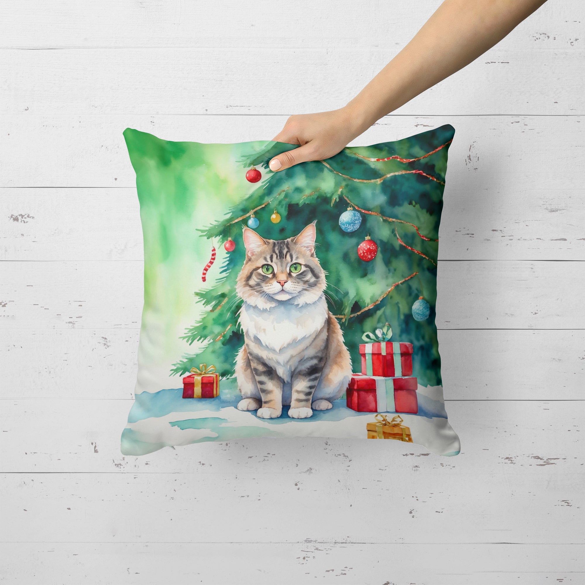 Caroline's Treasures Kurilian Bobtail Cat By the Christmas Tree Throw Pillow