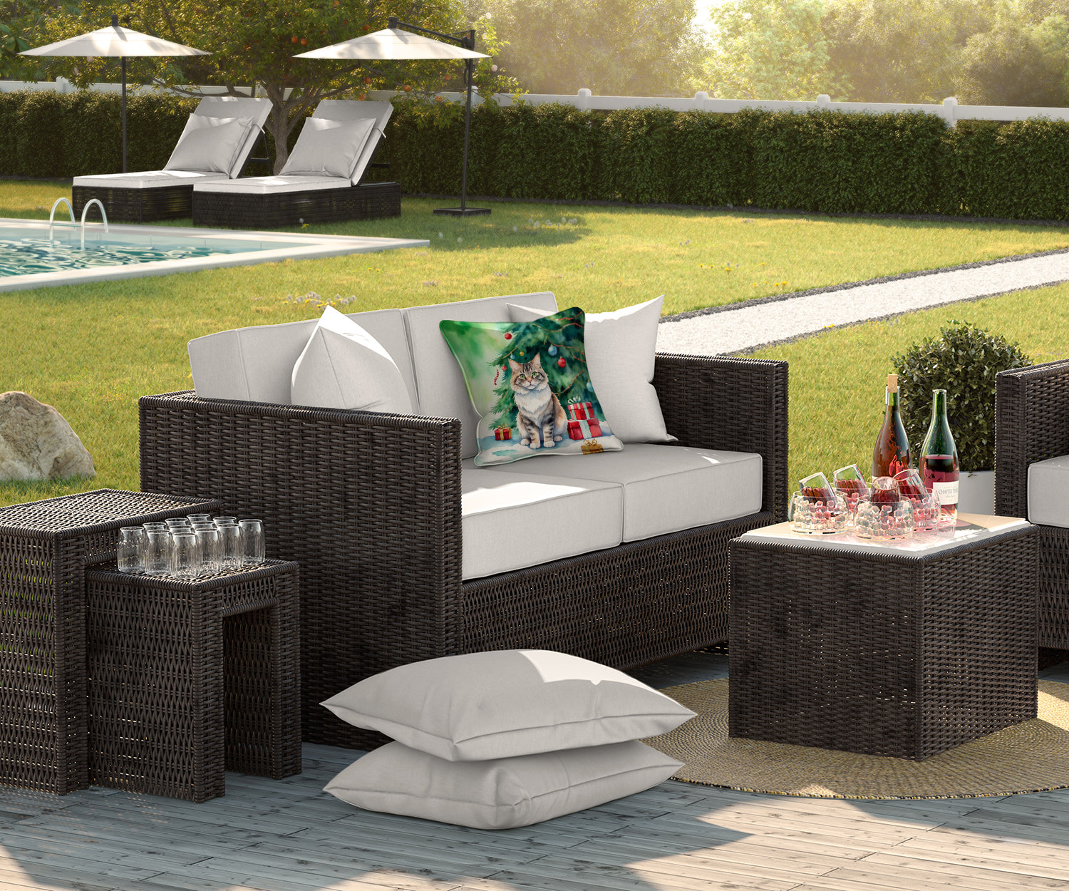 Caroline's Treasures Kurilian Bobtail Cat By the Christmas Tree Throw Pillow