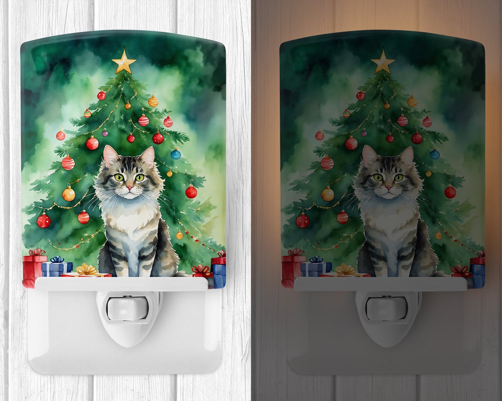 Caroline's Treasures La Perm Cat By the Christmas Tree Ceramic Night Light