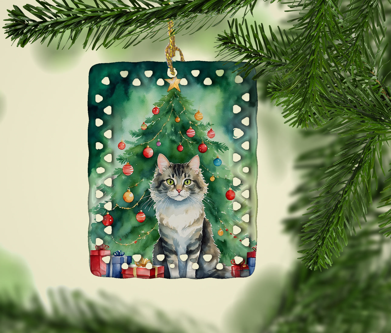 Caroline's Treasures La Perm Cat By the Christmas Tree Porcelain Ornament