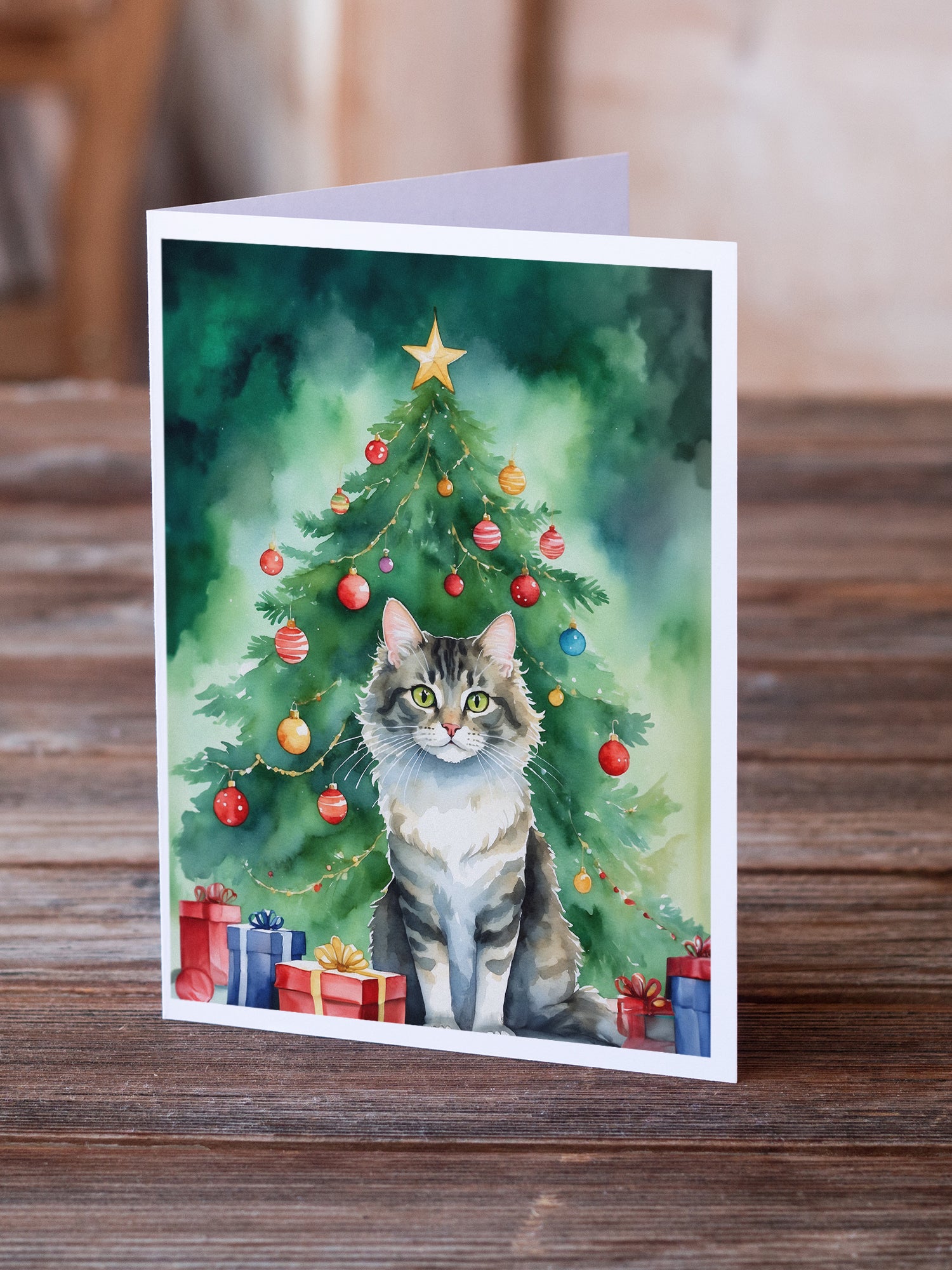 Caroline's Treasures La Perm Cat By the Christmas Tree Greeting Cards - Blank Note Cards – 8-Pack of Artist-Designed Cards with Envelopes