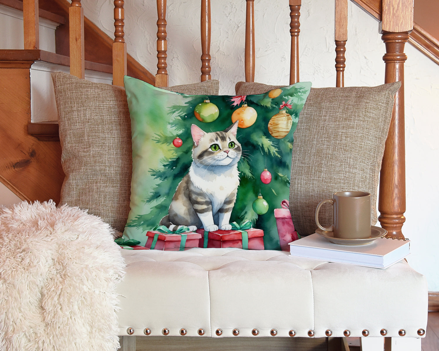 Caroline's Treasures Li Hua Cat By the Christmas Tree Throw Pillow - 14x14 Decorative Pillow – Art for Your Home & Patio